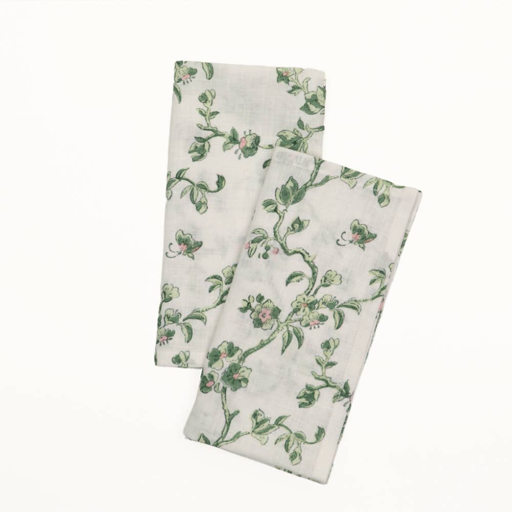SET of 4 | Green Cherry Blosson Block Print Napkins