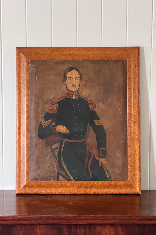Signed Naive Oil on Canvas Soldier | Framed in Birds Eye Maple (David Lee, d. 1852)