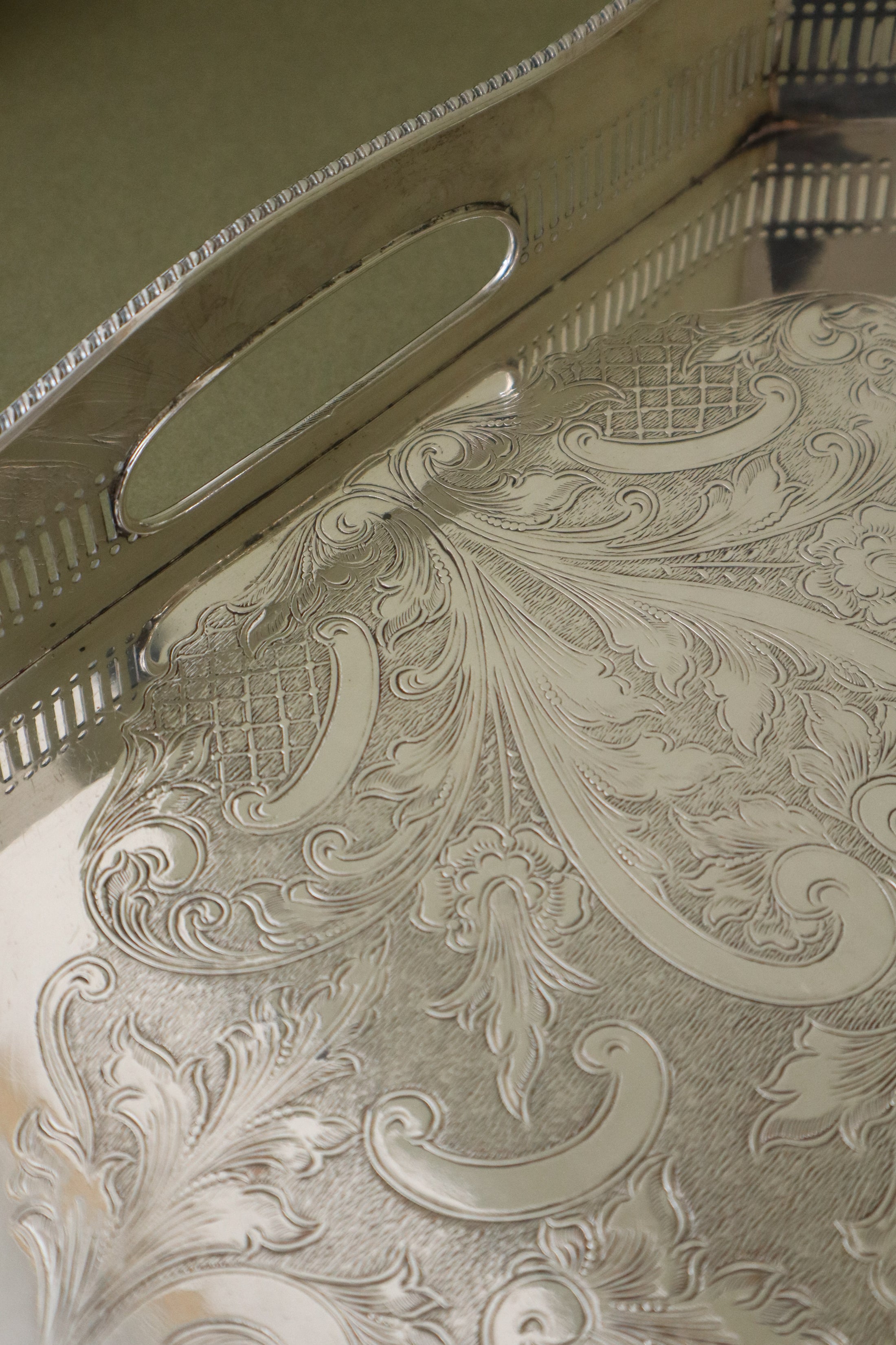 Large Beveled English Silver Tray with Feet + Floral Etching