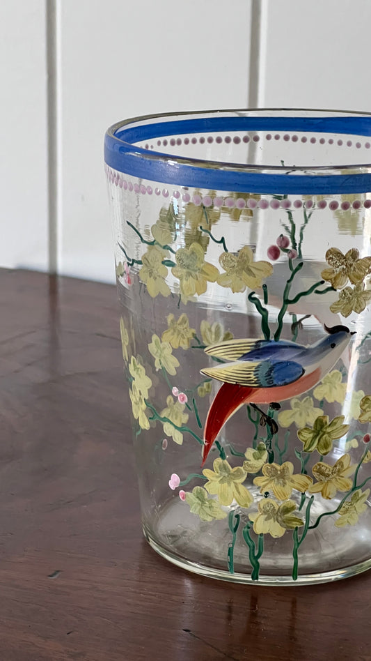 Hand Painted Glass 5.5"H Vase with Bluebirds and Flowers