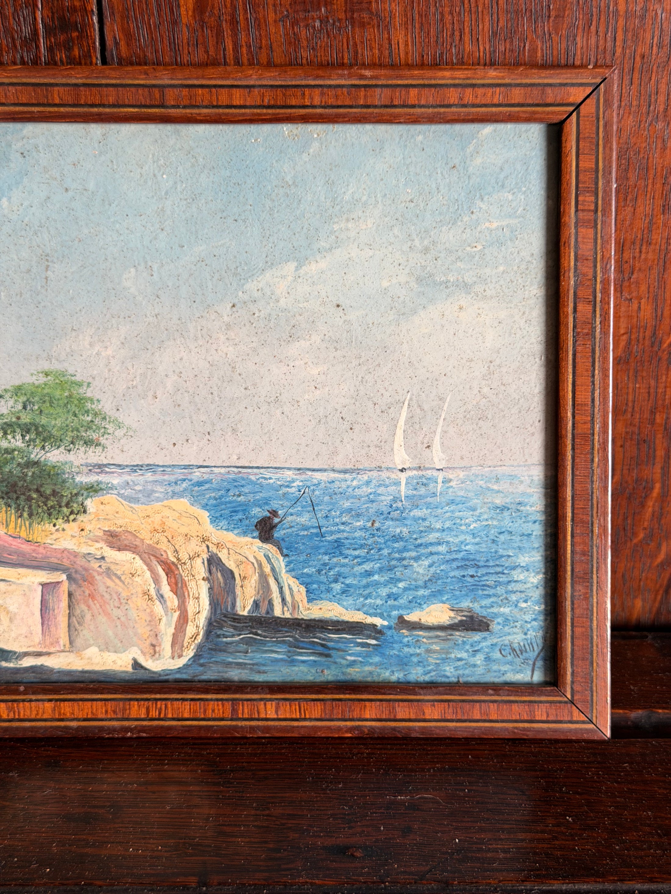 Original Oil on Board Landscape with Fisherman