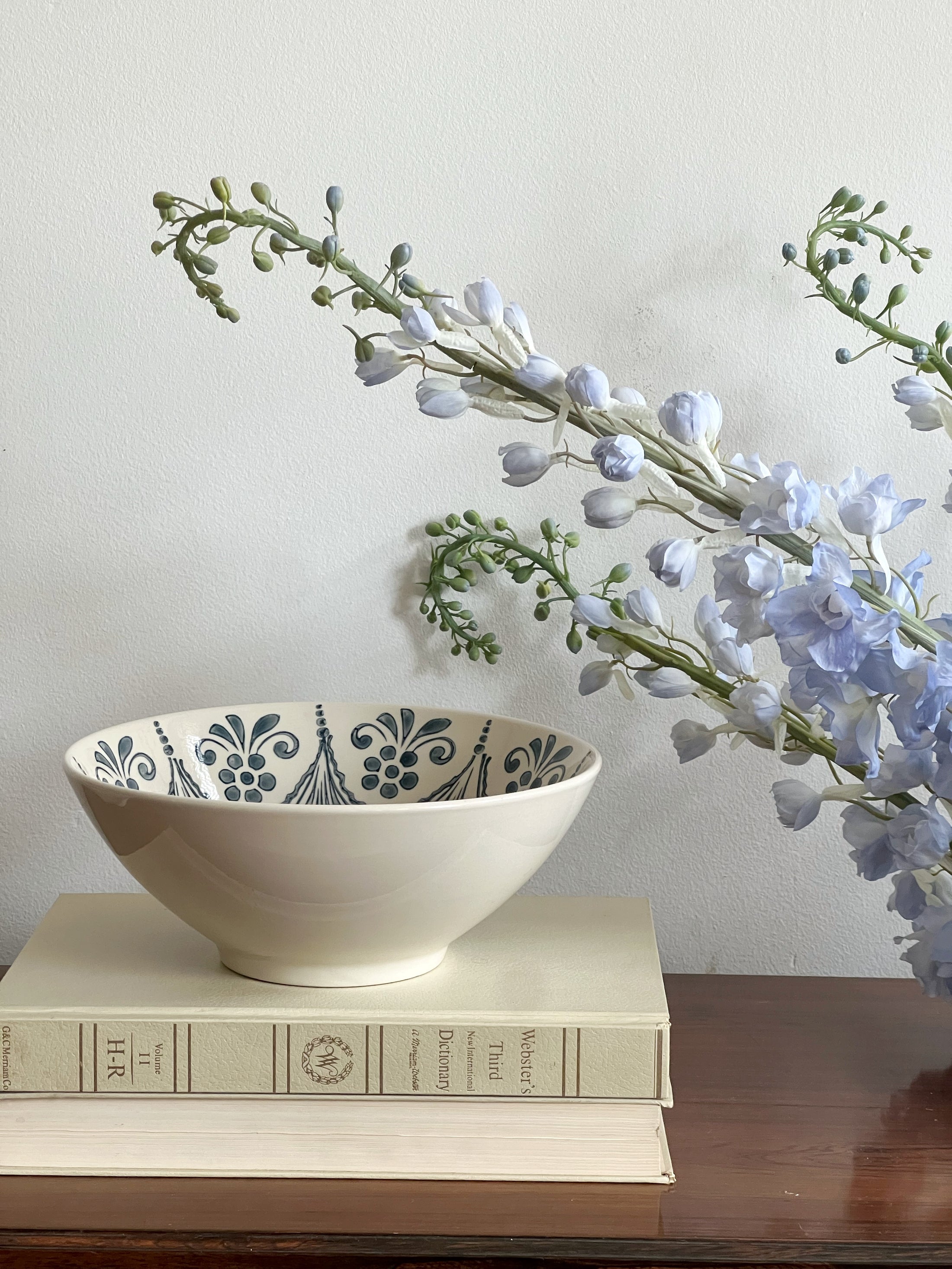 Medium Blue Stoneware Bowl with Interior-Only Pattern