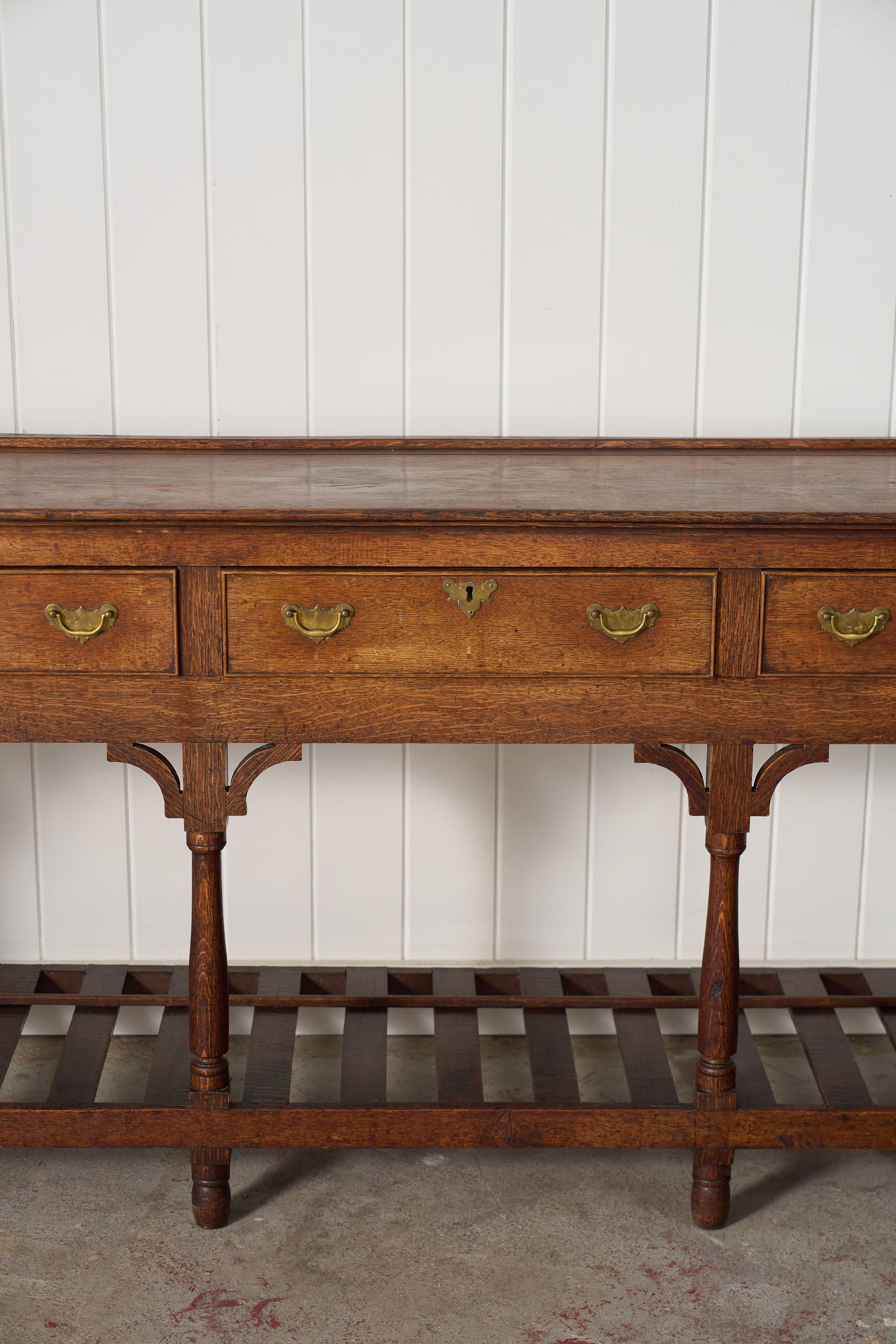 19th Century English Oak Dresser Base / Server with Bottom Slats + 3-Drawers