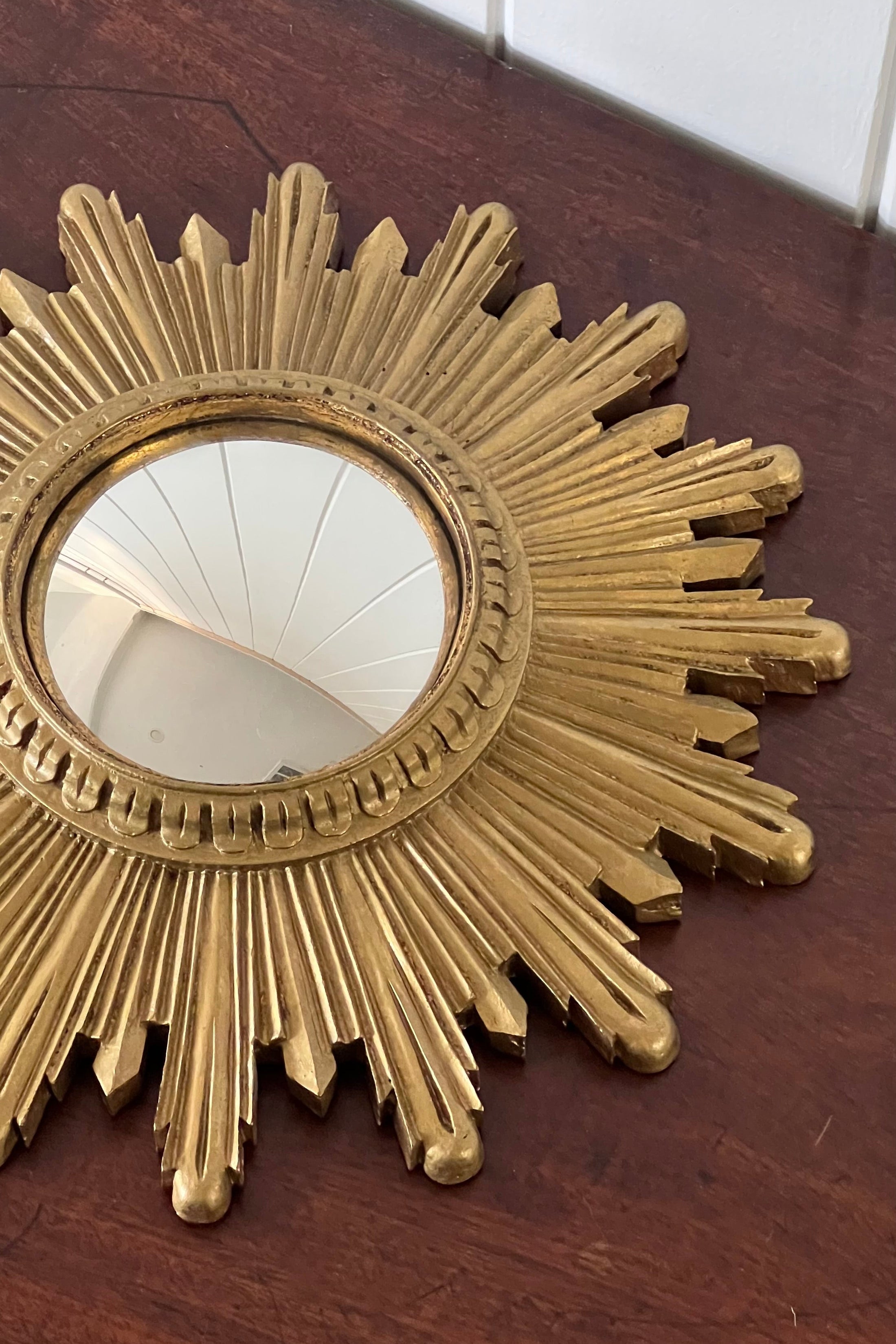 Mid-Century Hand Carved French Giltwood Starburst Mirror