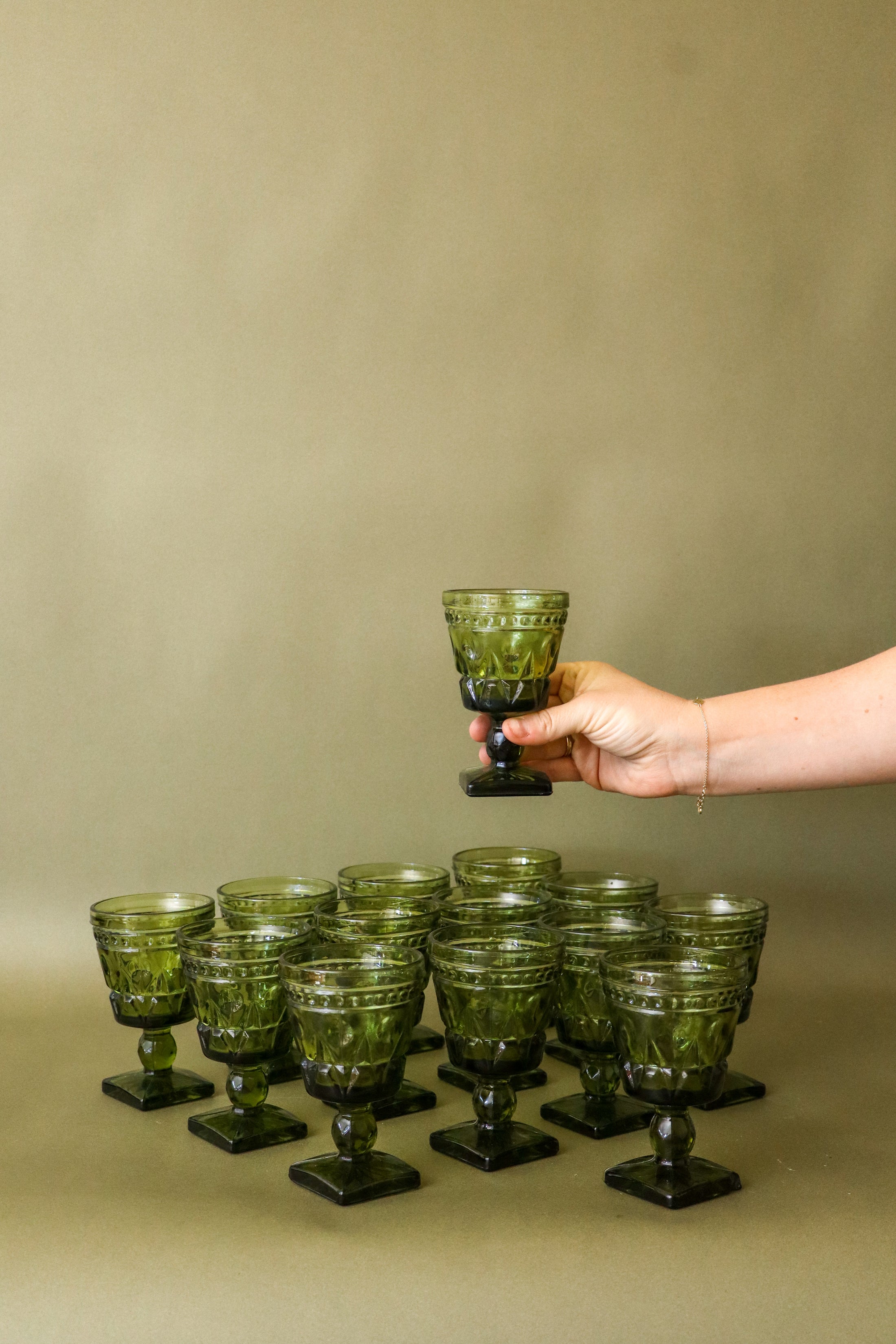 SET of 14 | Vintage Indiana Glass Colony Park Lane Avocado Green Goblets Cups