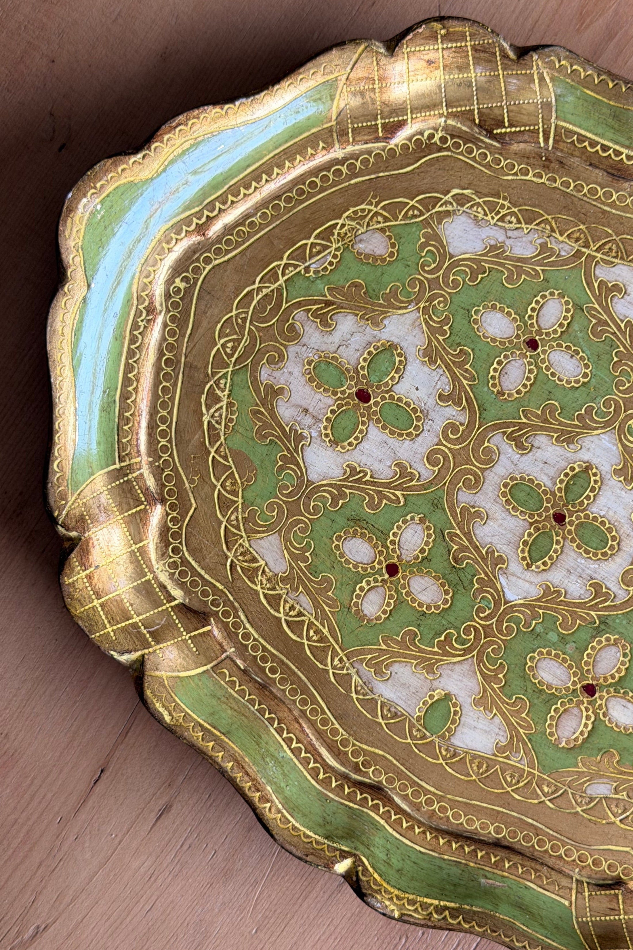 Medium Sized Florentine Tray with Light Green + Gold Coloring
