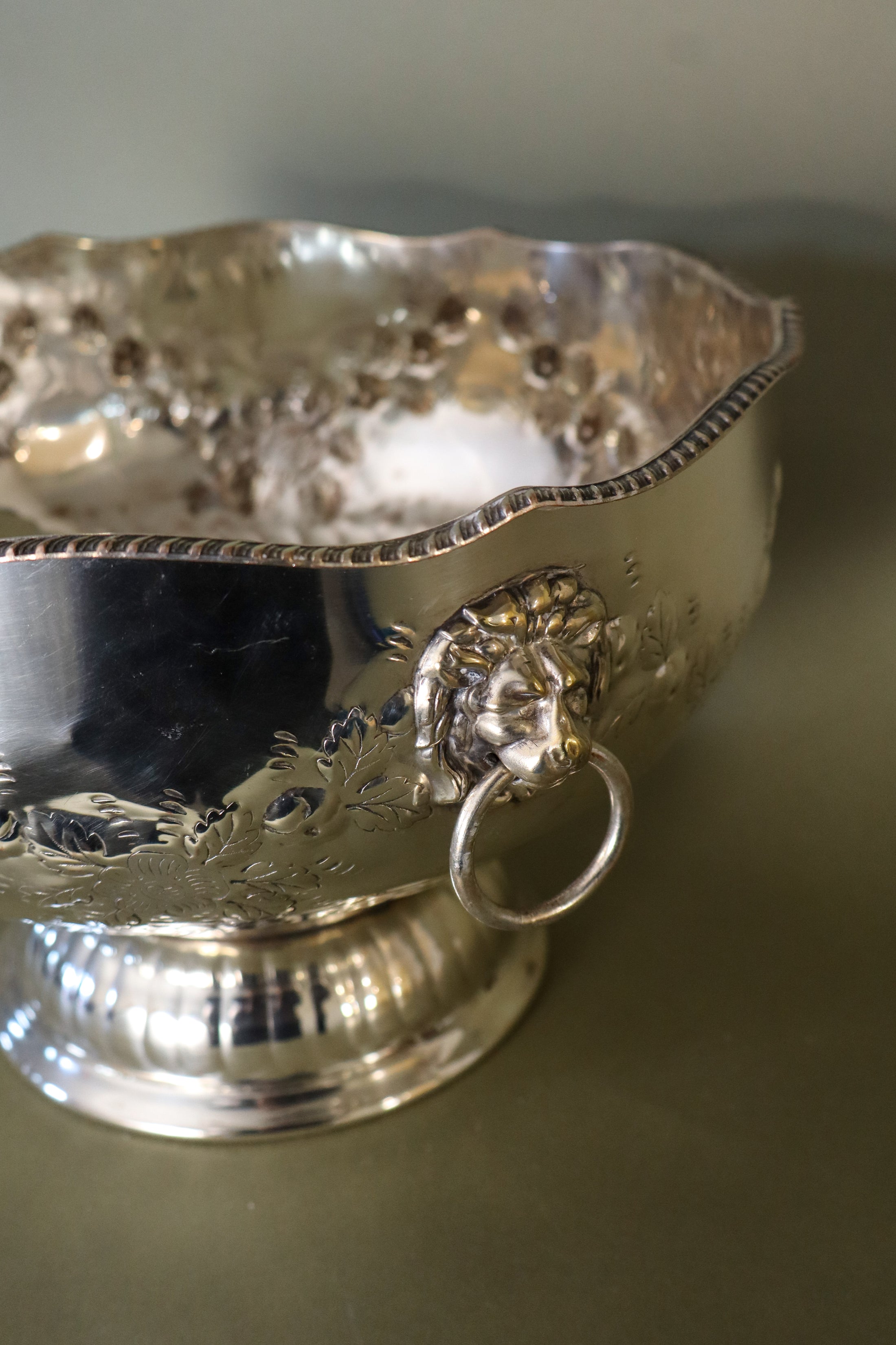 Large Antique English Silver Plate Punch Bowl with Lion Head Handles + Scalloped Rim (c. 1920)