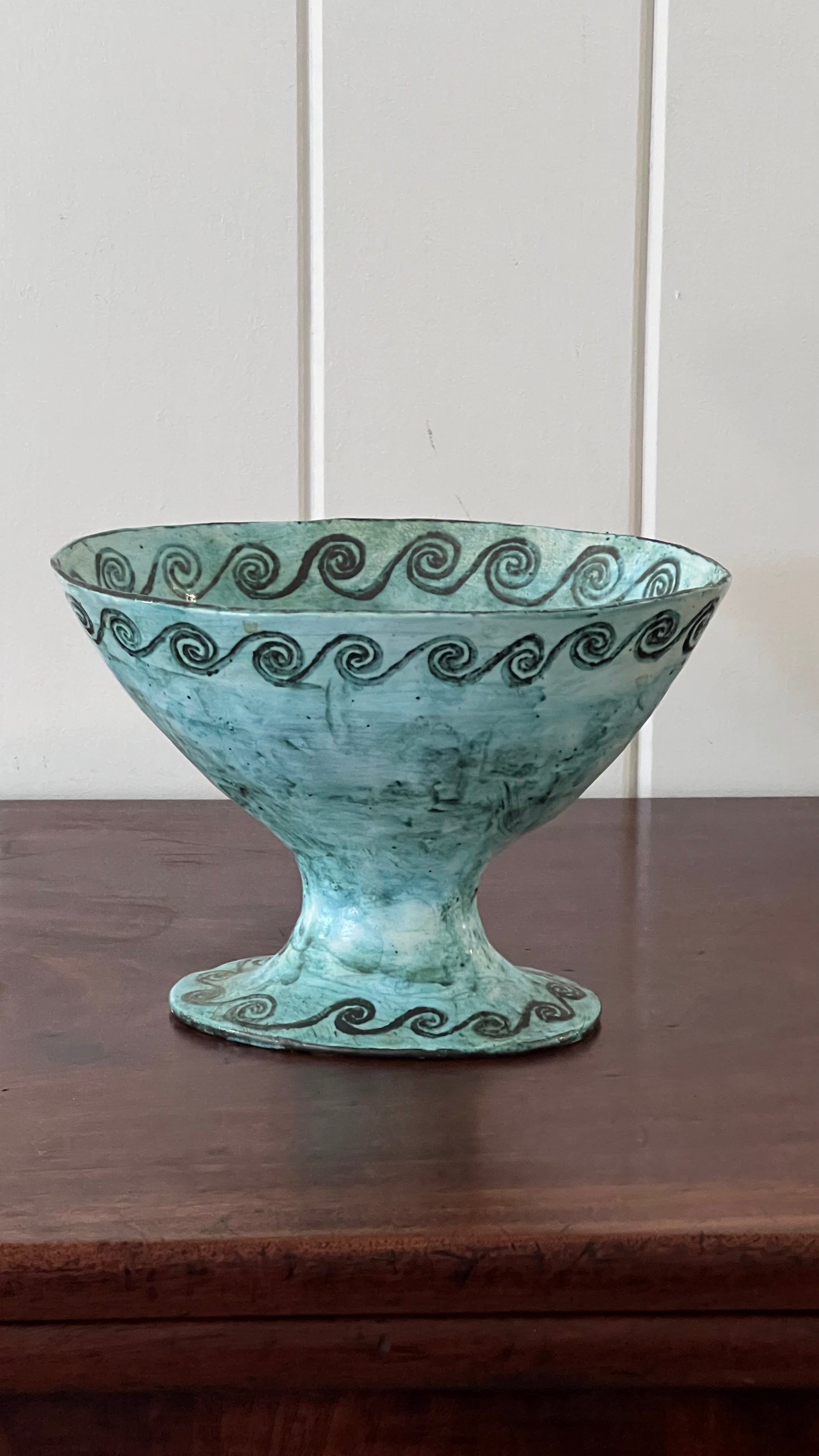 19th Century Handmade Compote in Stunning Aqua Blue with Wave Motif