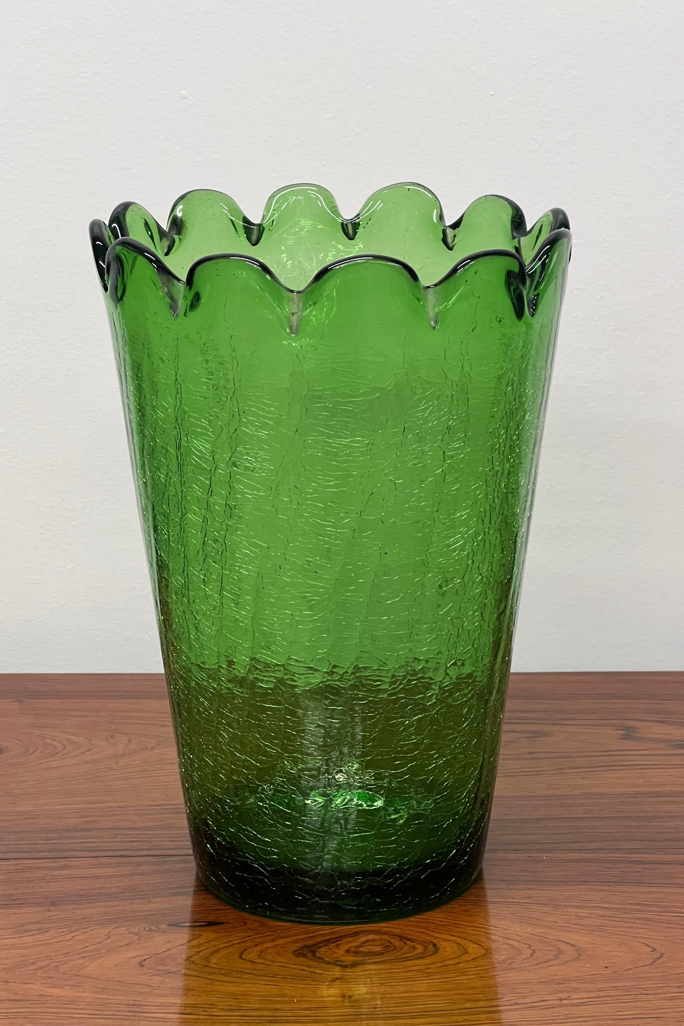 Vintage Green Scalloped Crackle Glass Vase
