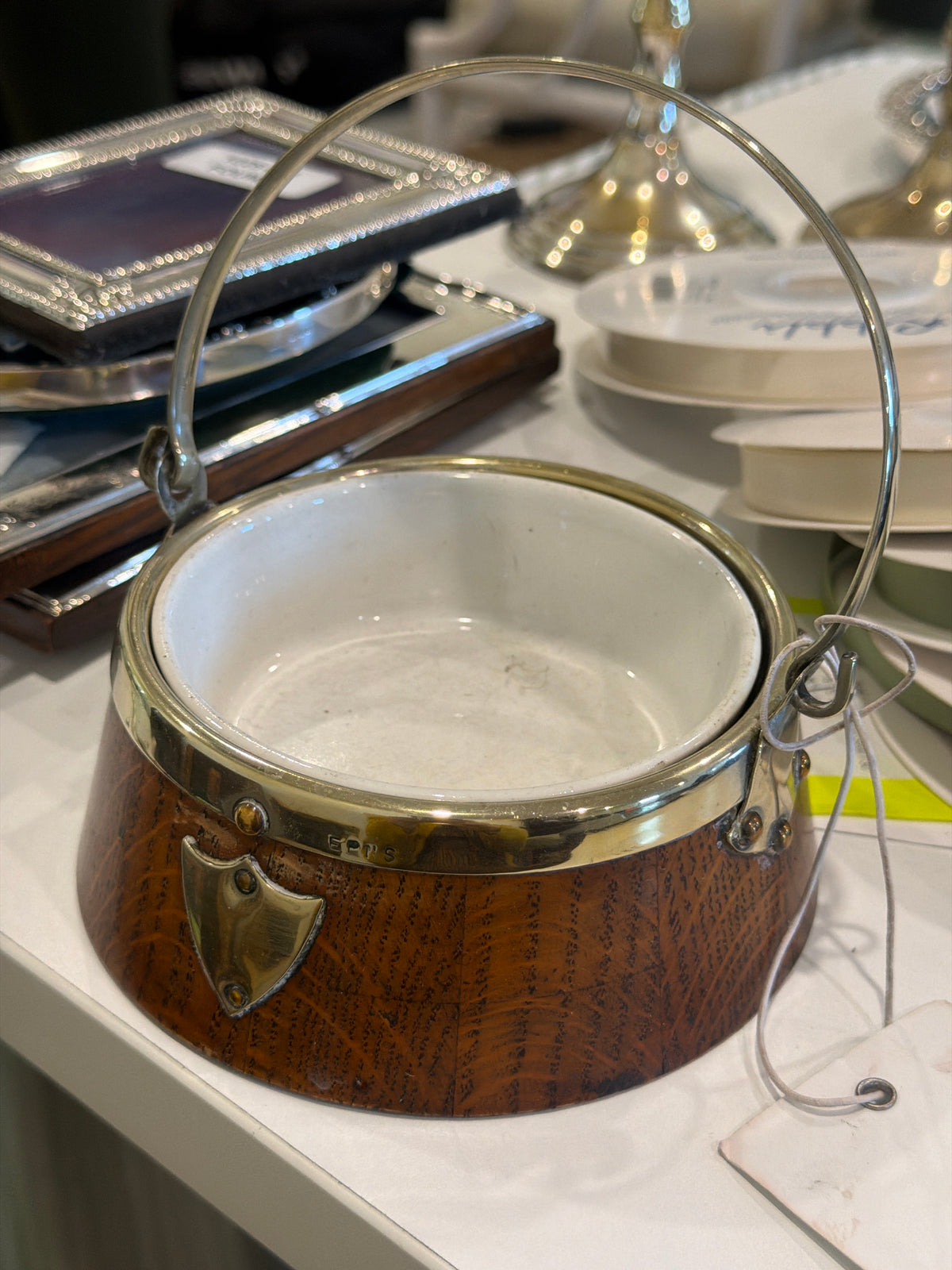 19th Century Oak Barrel Butter Pot/Dish with Silver Plate Shield + Porcelain Insert