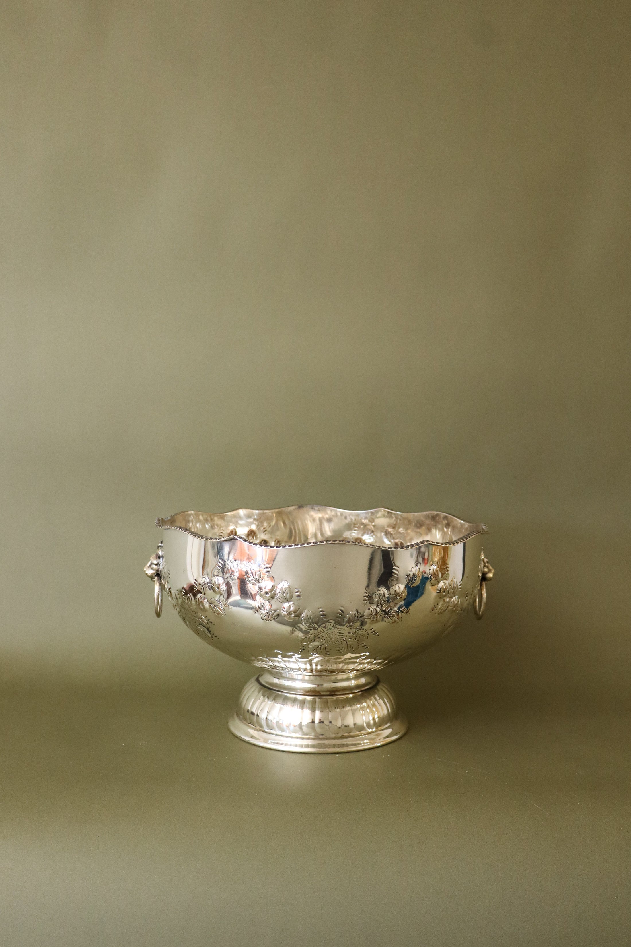 Large Antique English Silver Plate Punch Bowl with Lion Head Handles + Scalloped Rim (c. 1920)