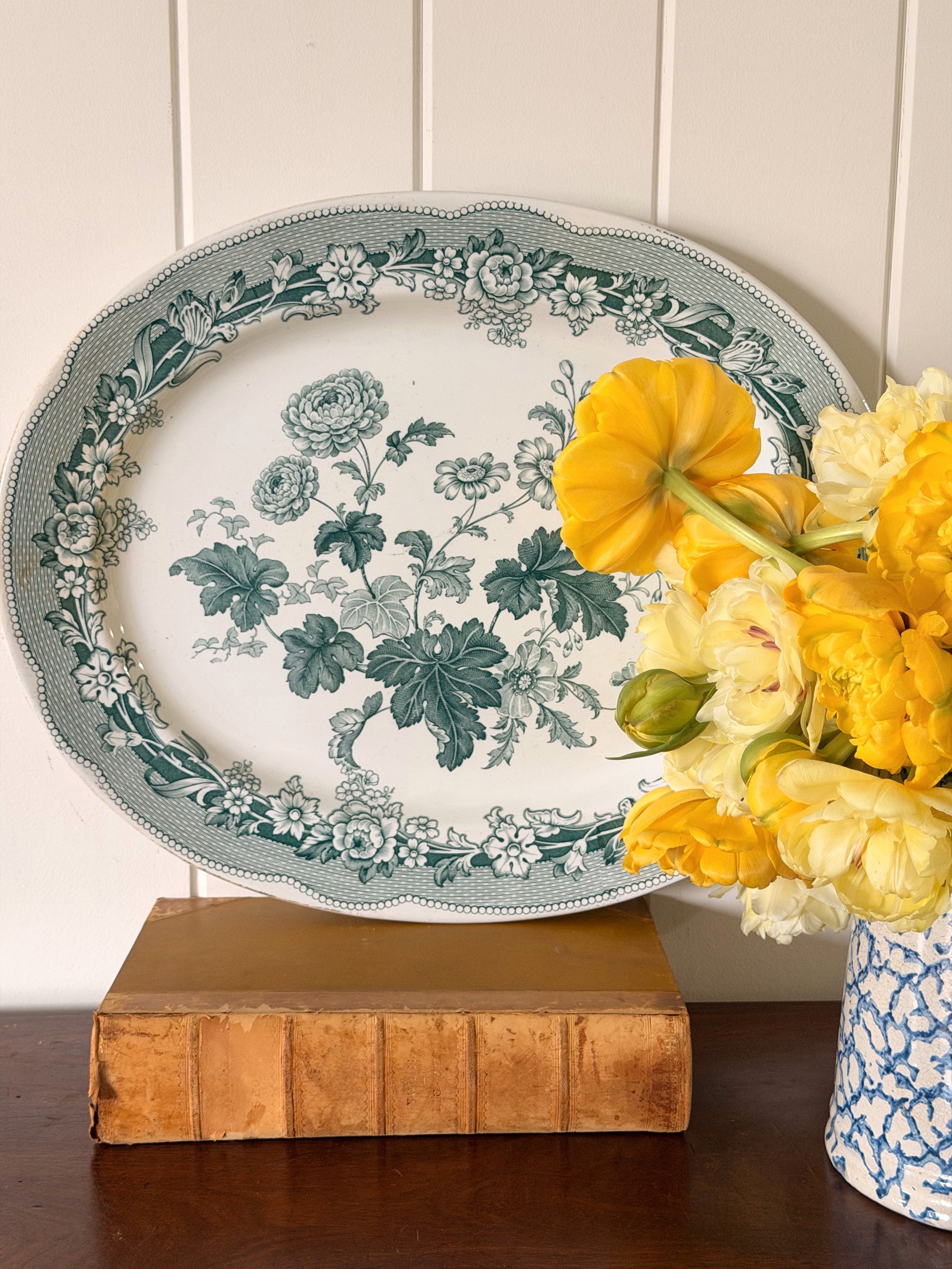 19th Century Large Green Transferware Platter (England; c. 1850)