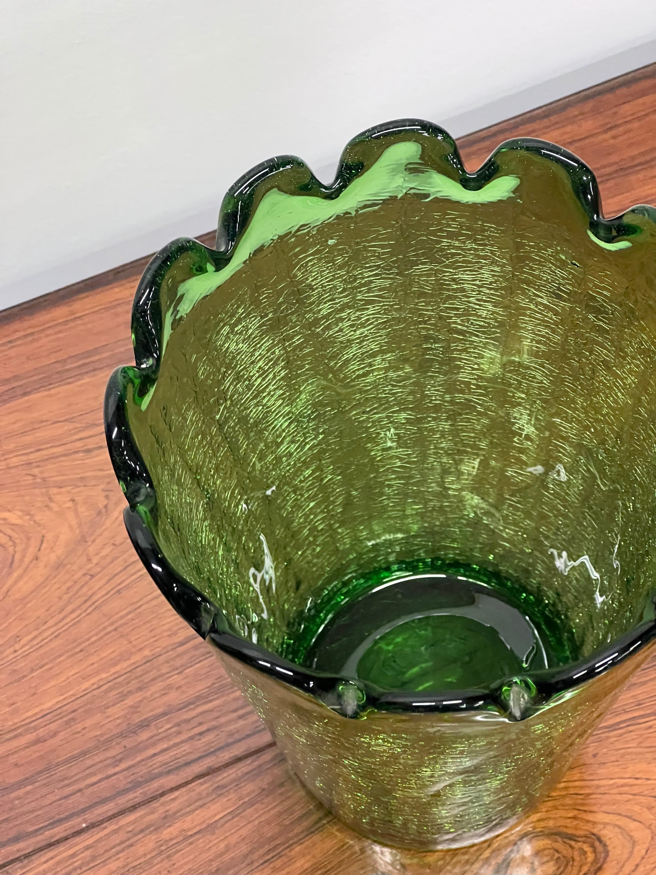Vintage Green Scalloped Crackle Glass Vase
