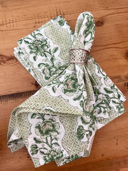 SET OF 4 | Green Blooming Trellis Block Print Napkins
