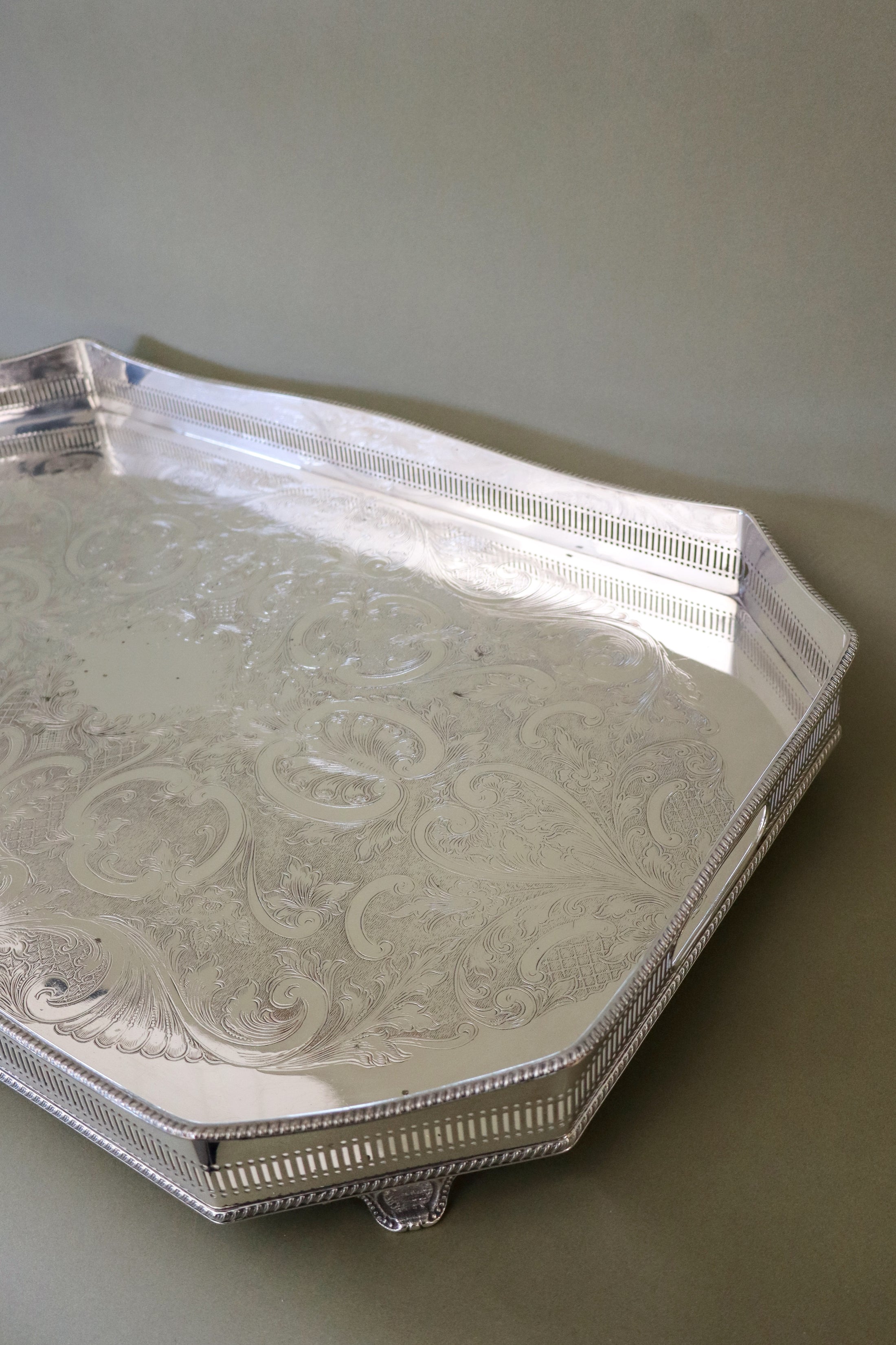 Large Beveled English Silver Tray with Feet + Floral Etching