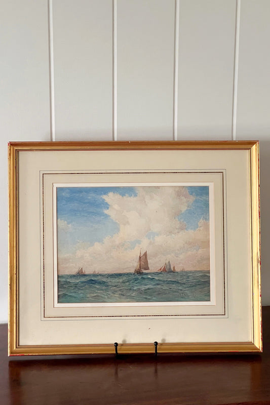 Antique English Sailboat Watercolor with Line Wash Matting + Giltwood Frame (c. 1850)