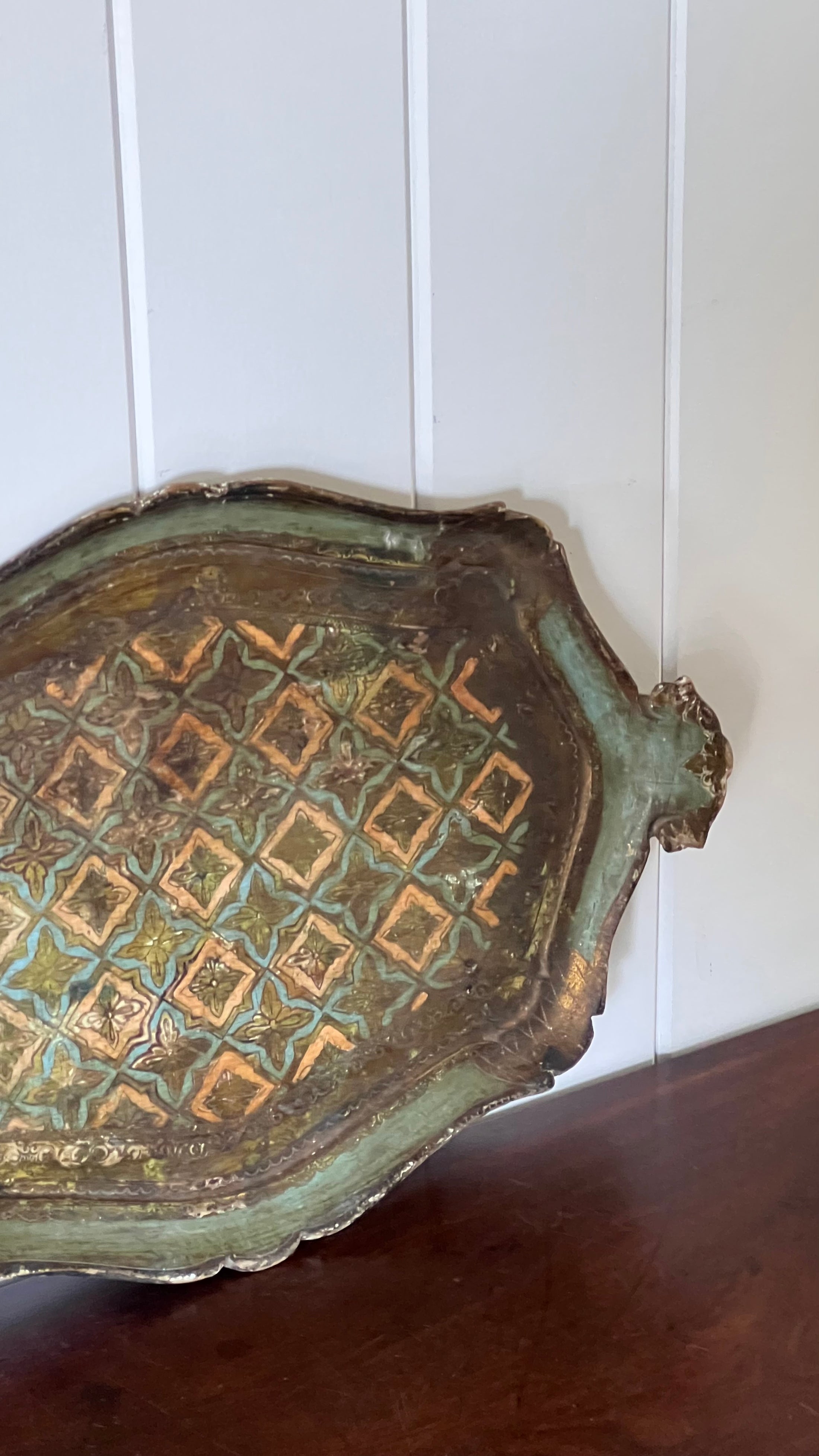 Large Florentine Tray with Green + Pale Blue Coloring