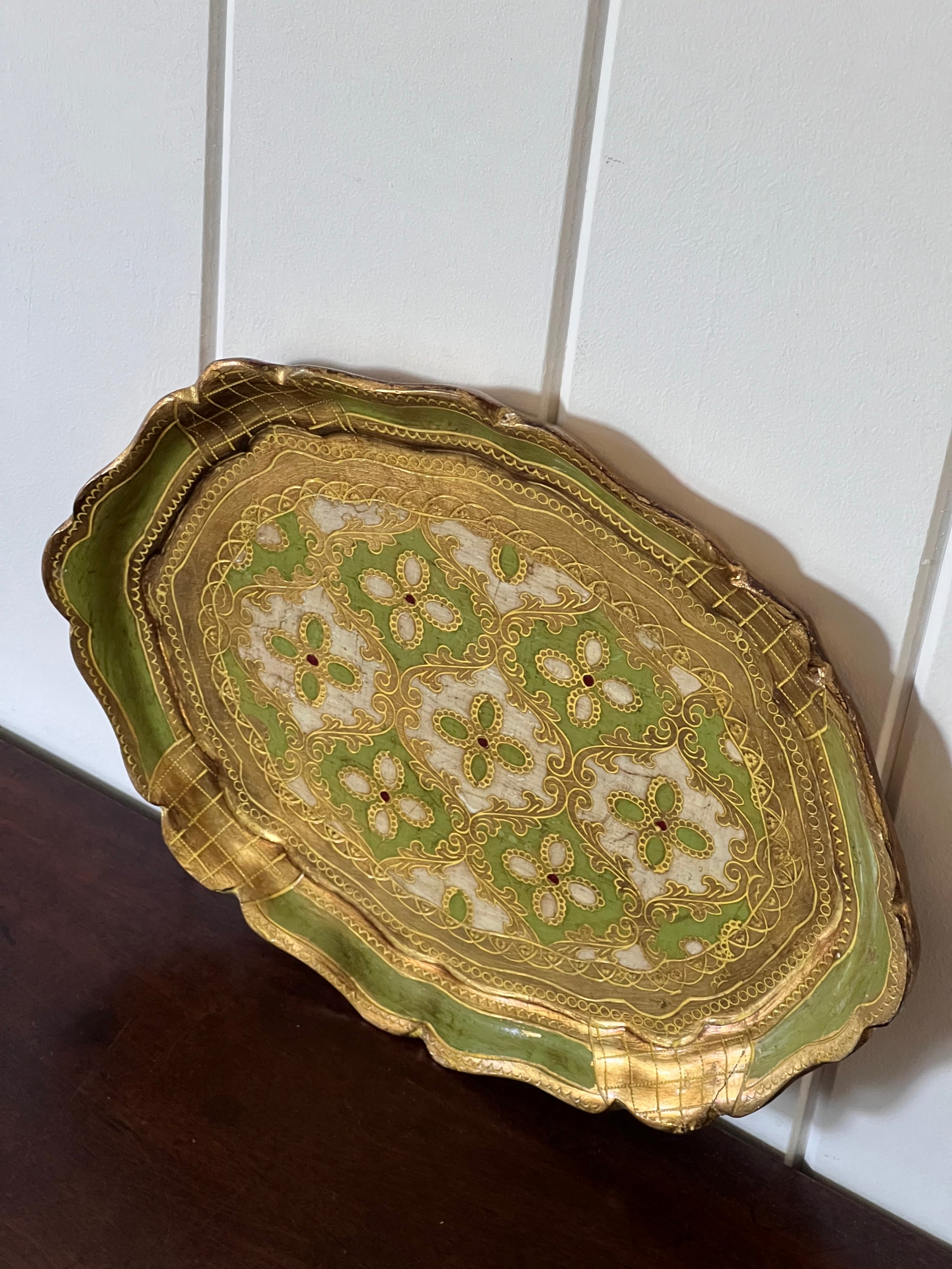 Medium Sized Florentine Tray with Light Green + Gold Coloring