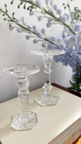 Load image into Gallery viewer, Vintage Cut + Etched Crystal Pillar Candle Holders PAIR
