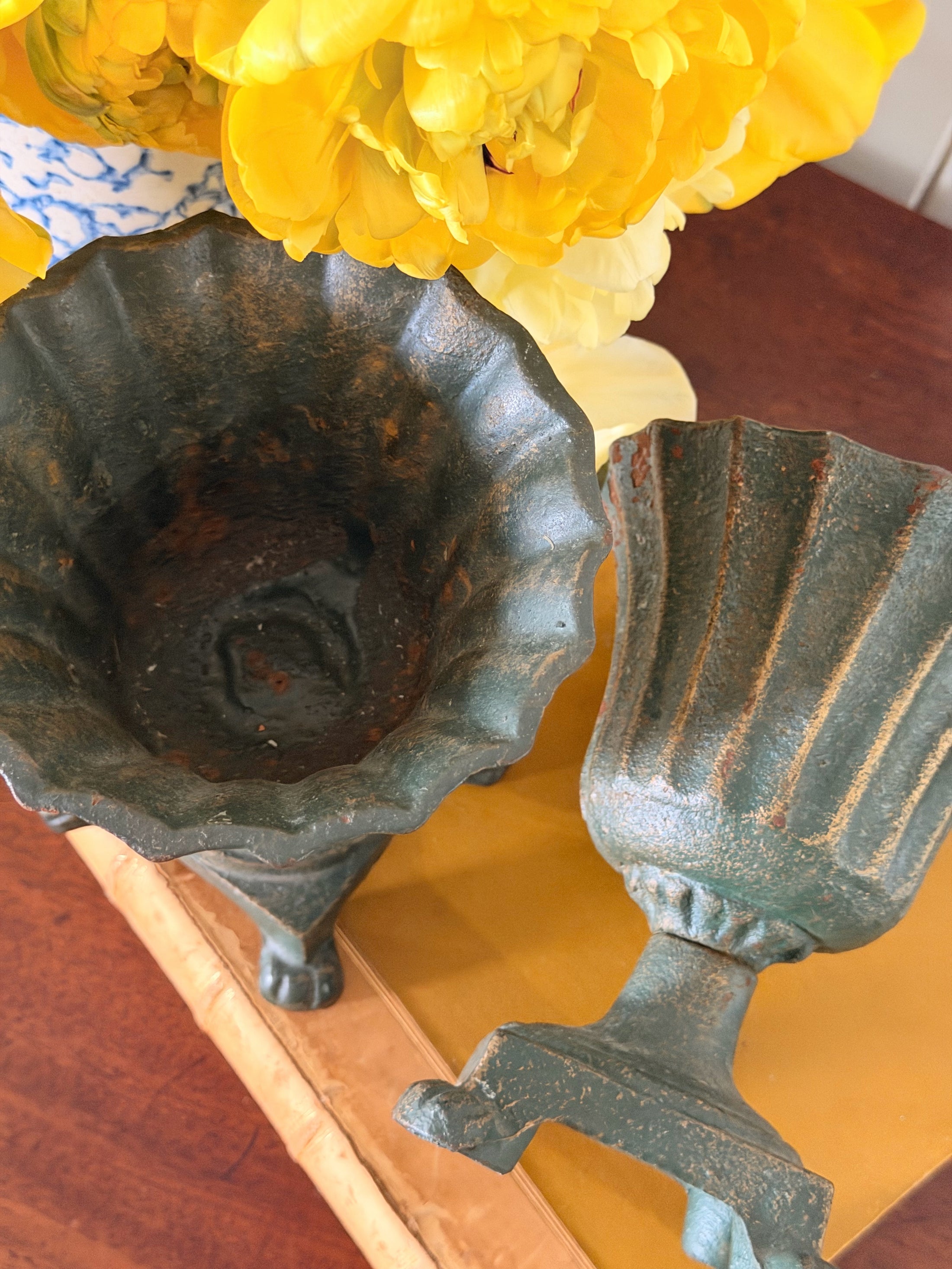 PAIR Antique French Petite Cast Iron Fluted Urns