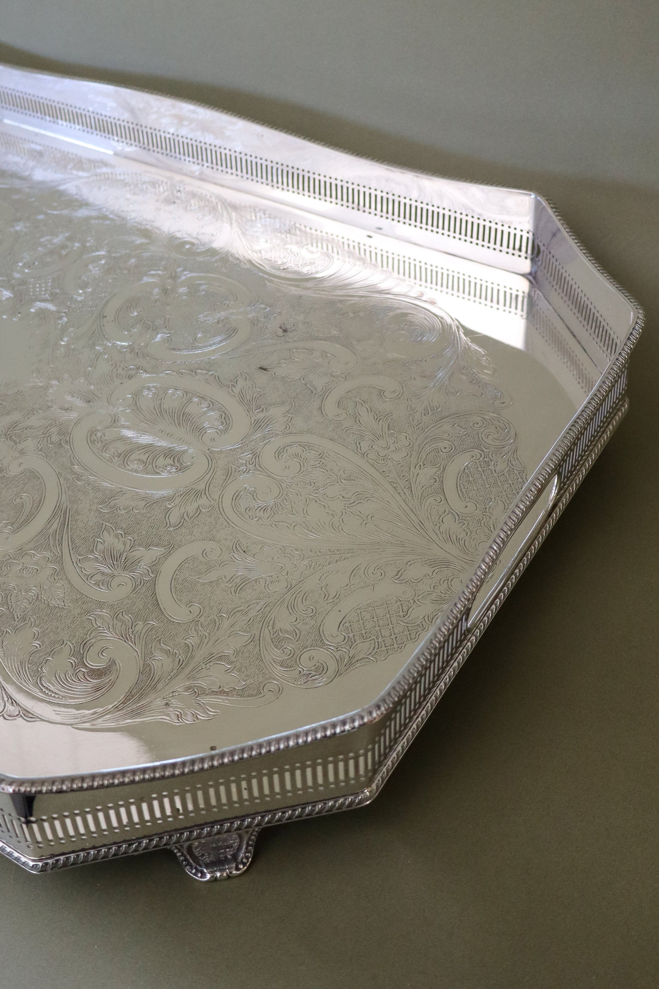 Large Beveled English Silver Tray with Feet + Floral Etching