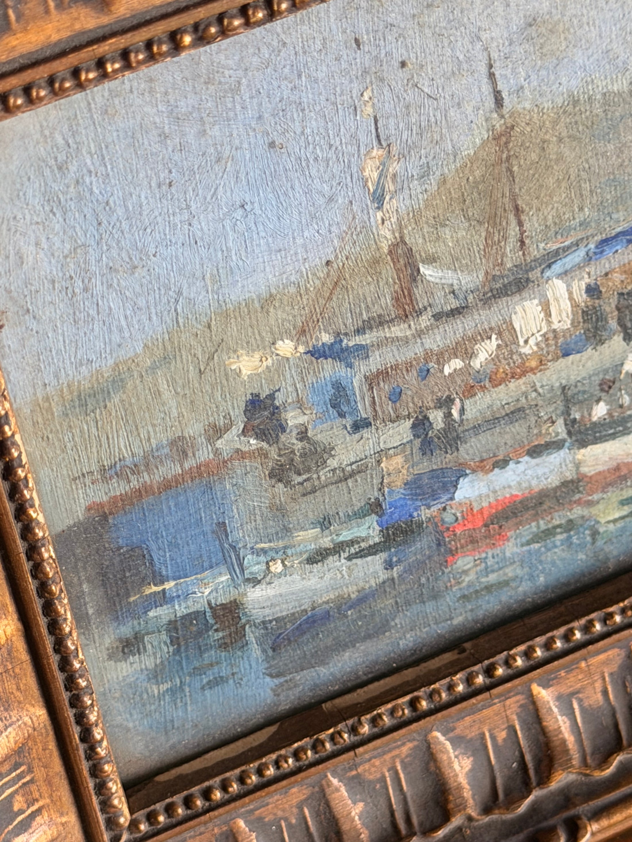 Antique French Oil on Board of Boats in Harbor