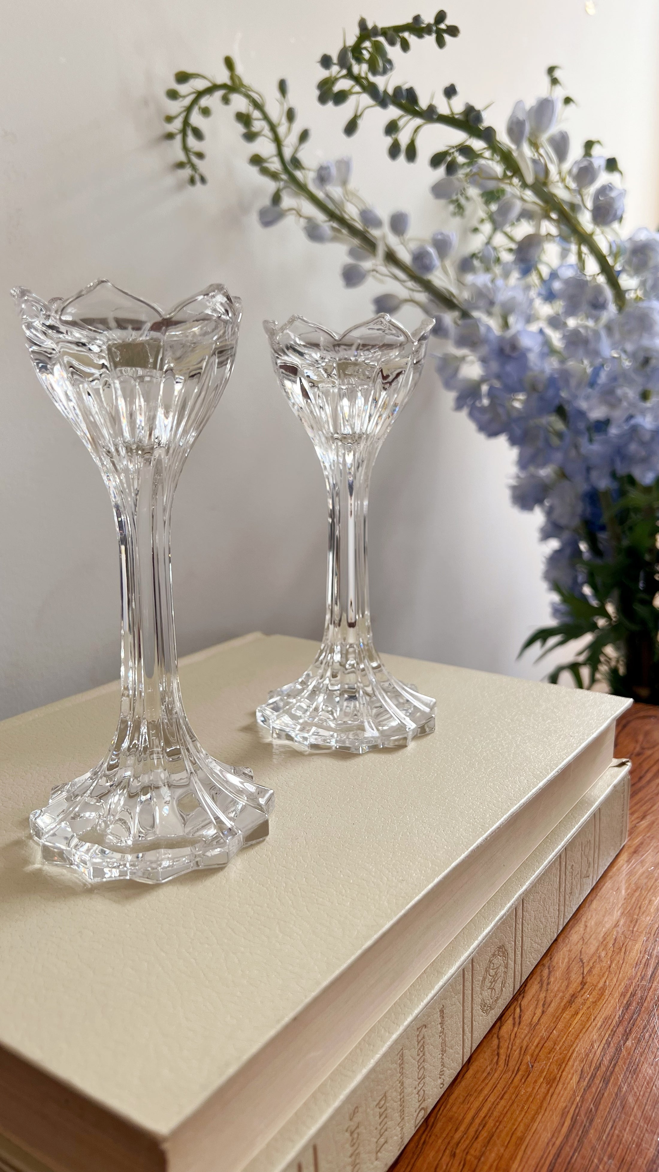 PAIR of Gorham Lotus Crystal Candlestick Holders