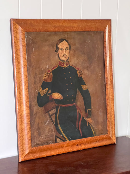 Signed Naive Oil on Canvas Soldier | Framed in Birds Eye Maple (David Lee, d. 1852)