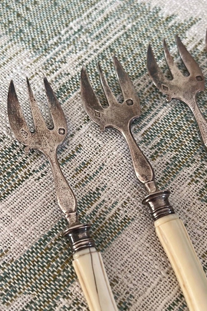 Antique French Sterling Silver + Bone Seafood Forks (Shrimp, Oyster) | SET of 8