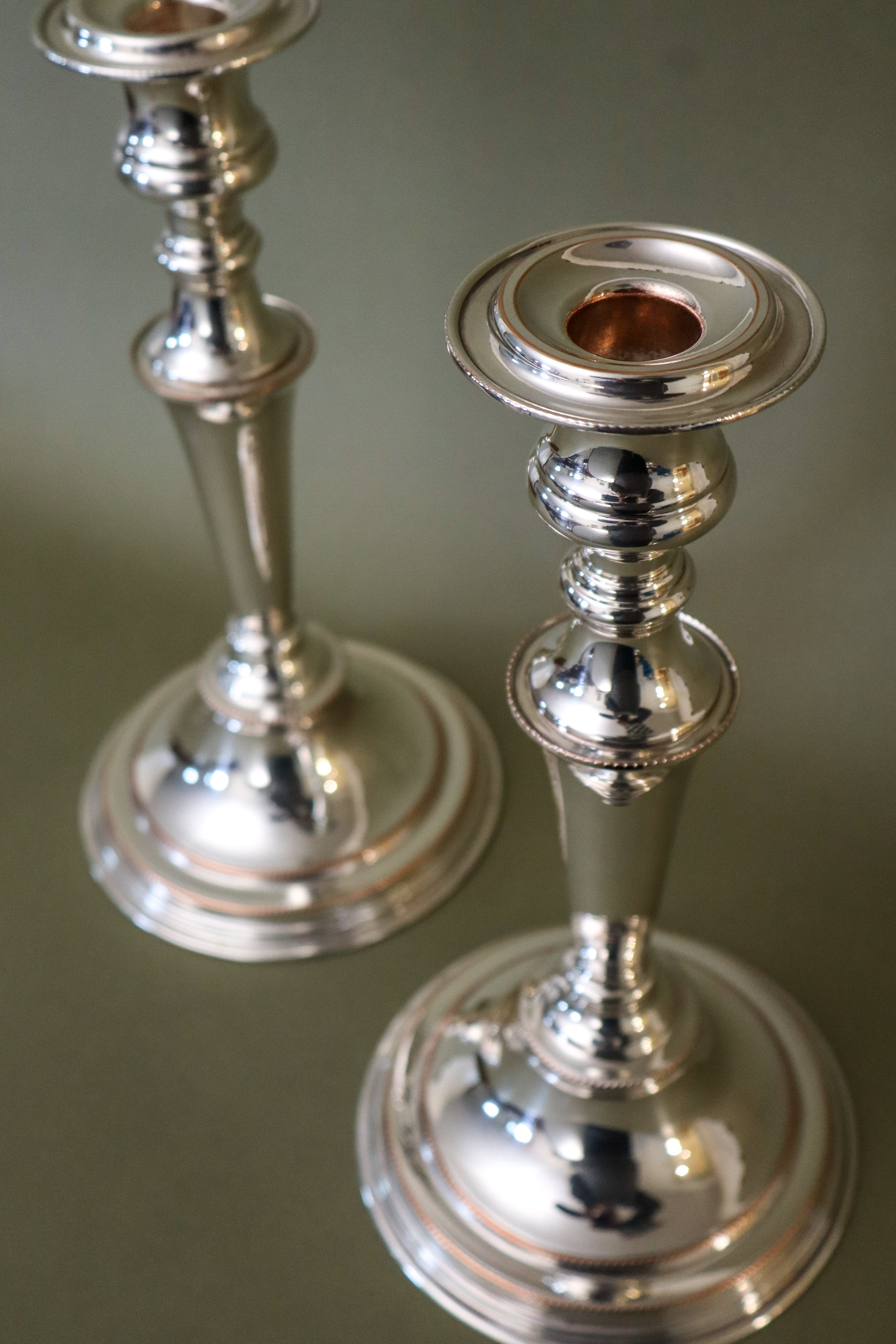 PAIR English Silver Plate on Copper 11”H Candlesticks