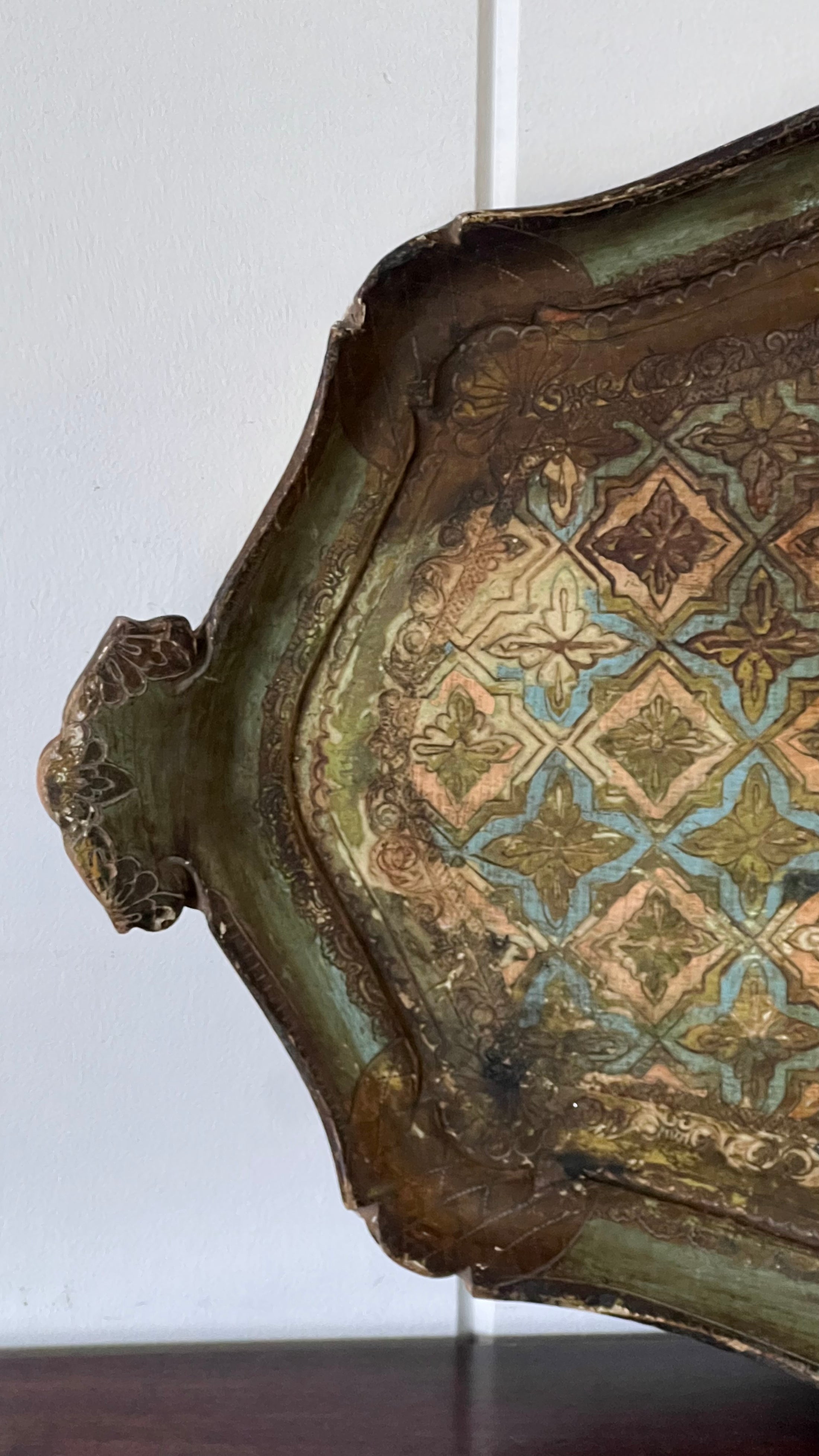 Large Florentine Tray with Green + Pale Blue Coloring