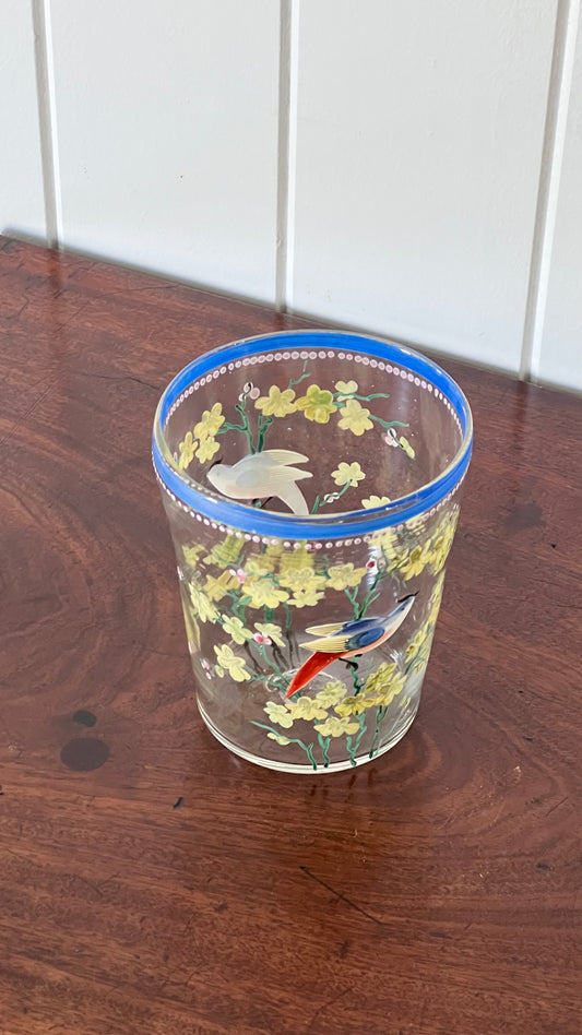 Hand Painted Glass 5.5"H Vase with Bluebirds and Flowers