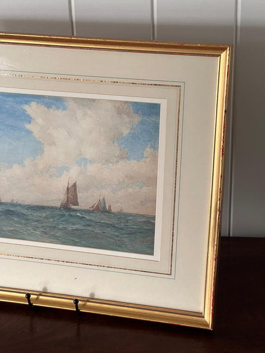 Antique English Sailboat Watercolor with Line Wash Matting + Giltwood Frame (c. 1850)
