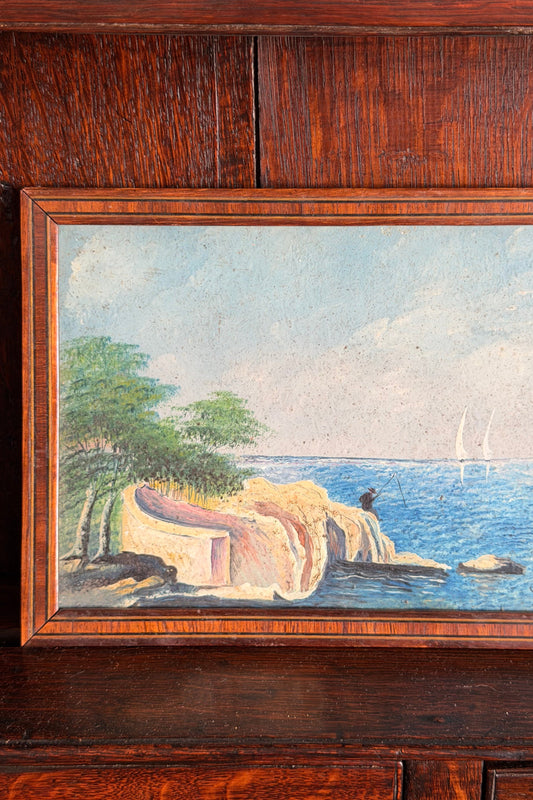 Original Oil on Board Landscape with Fisherman