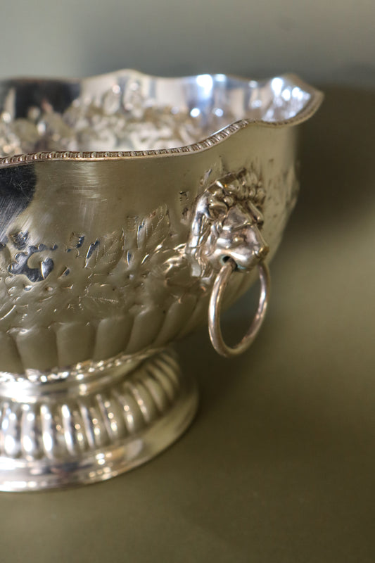 Large Antique English Silver Plate Punch Bowl with Lion Head Handles + Scalloped Rim (c. 1920)