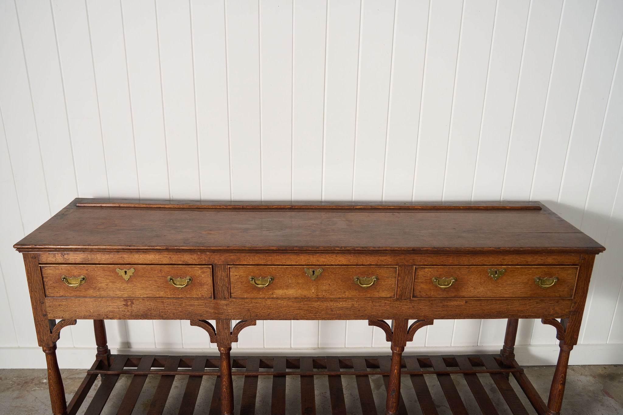 19th Century English Oak Dresser Base / Server with Bottom Slats + 3-Drawers