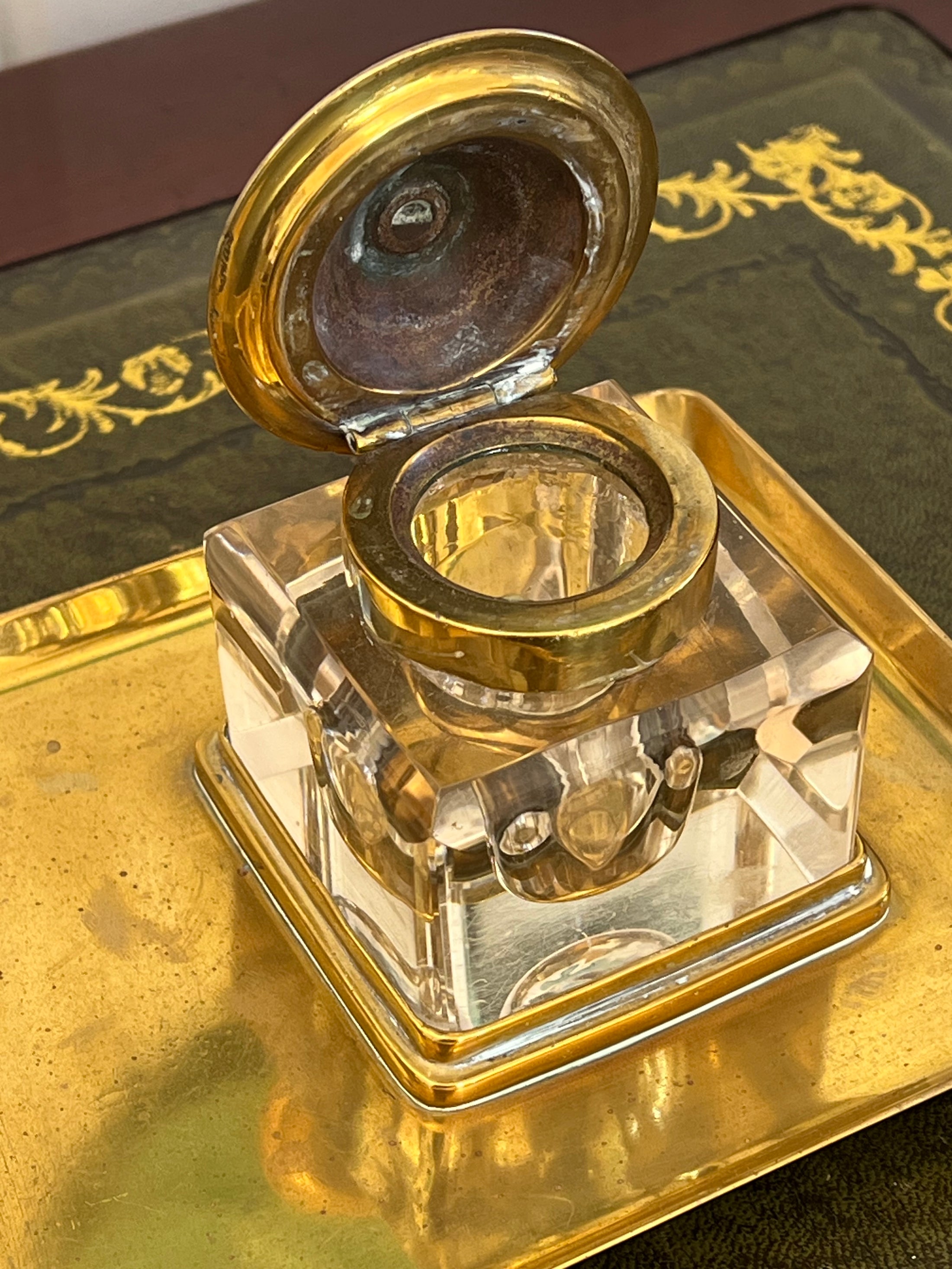 Antique English Brass Desk Set with Crystal Inkwells