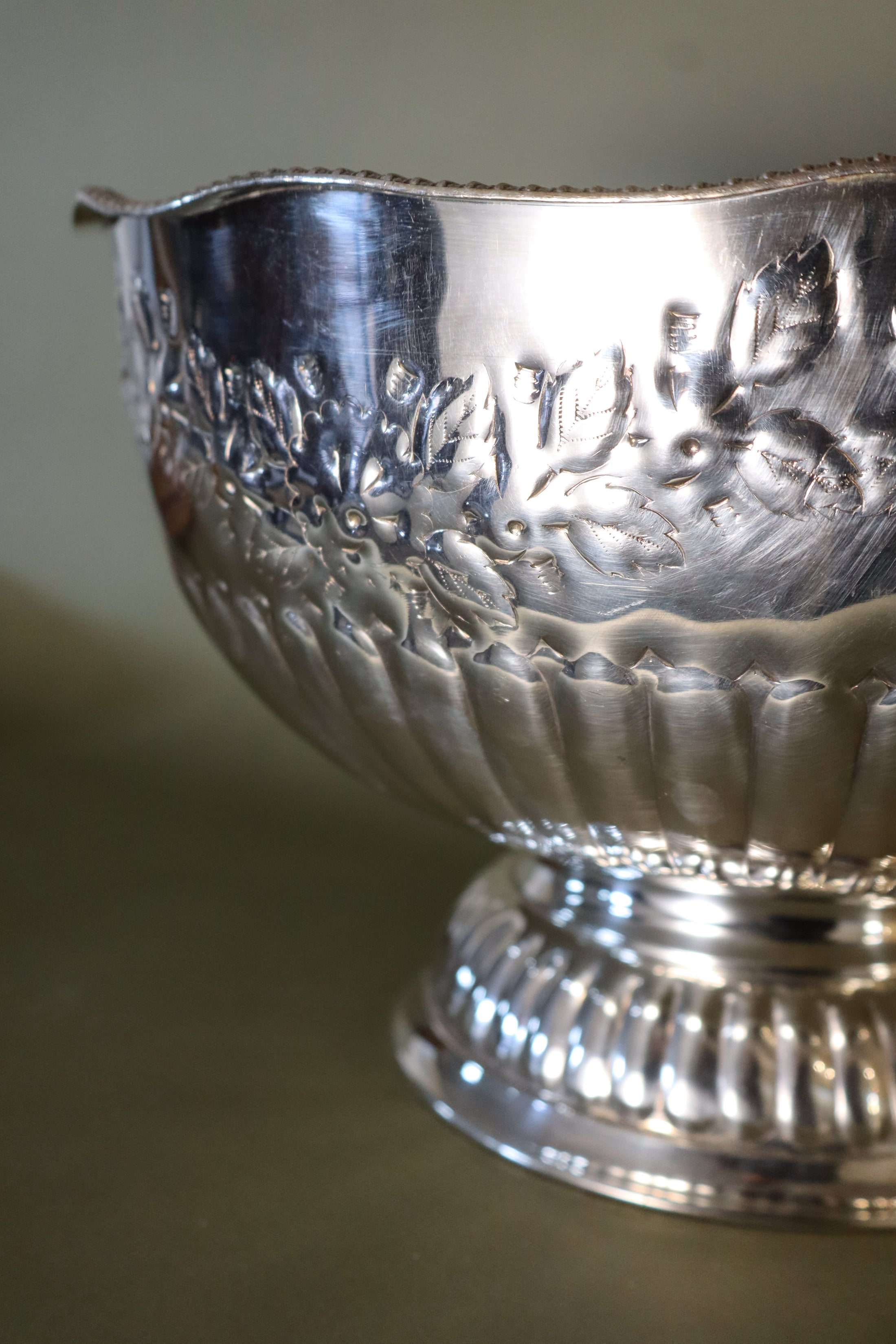 Large Antique English Silver Plate Punch Bowl with Lion Head Handles + Scalloped Rim (c. 1920)