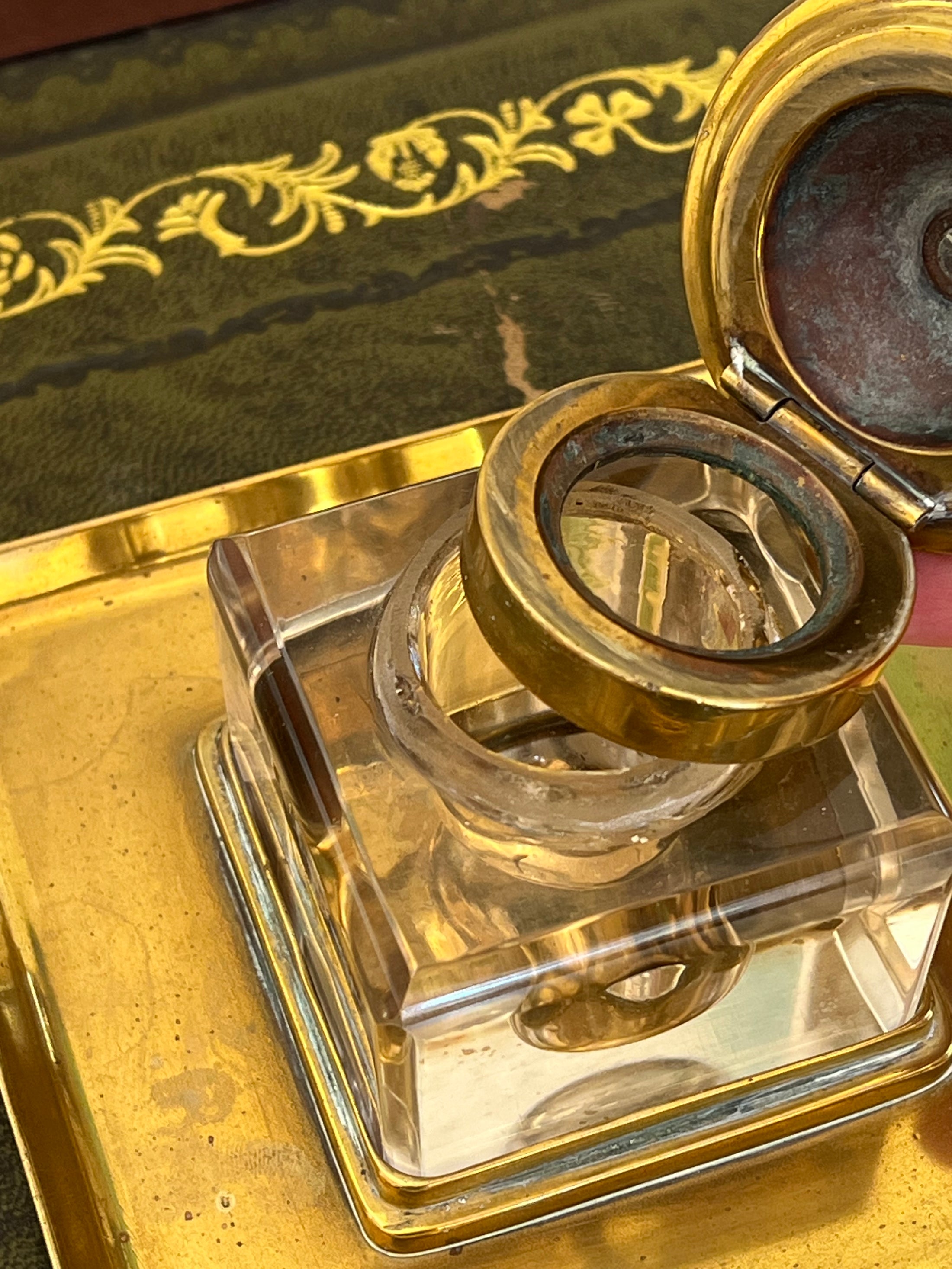 Antique English Brass Desk Set with Crystal Inkwells