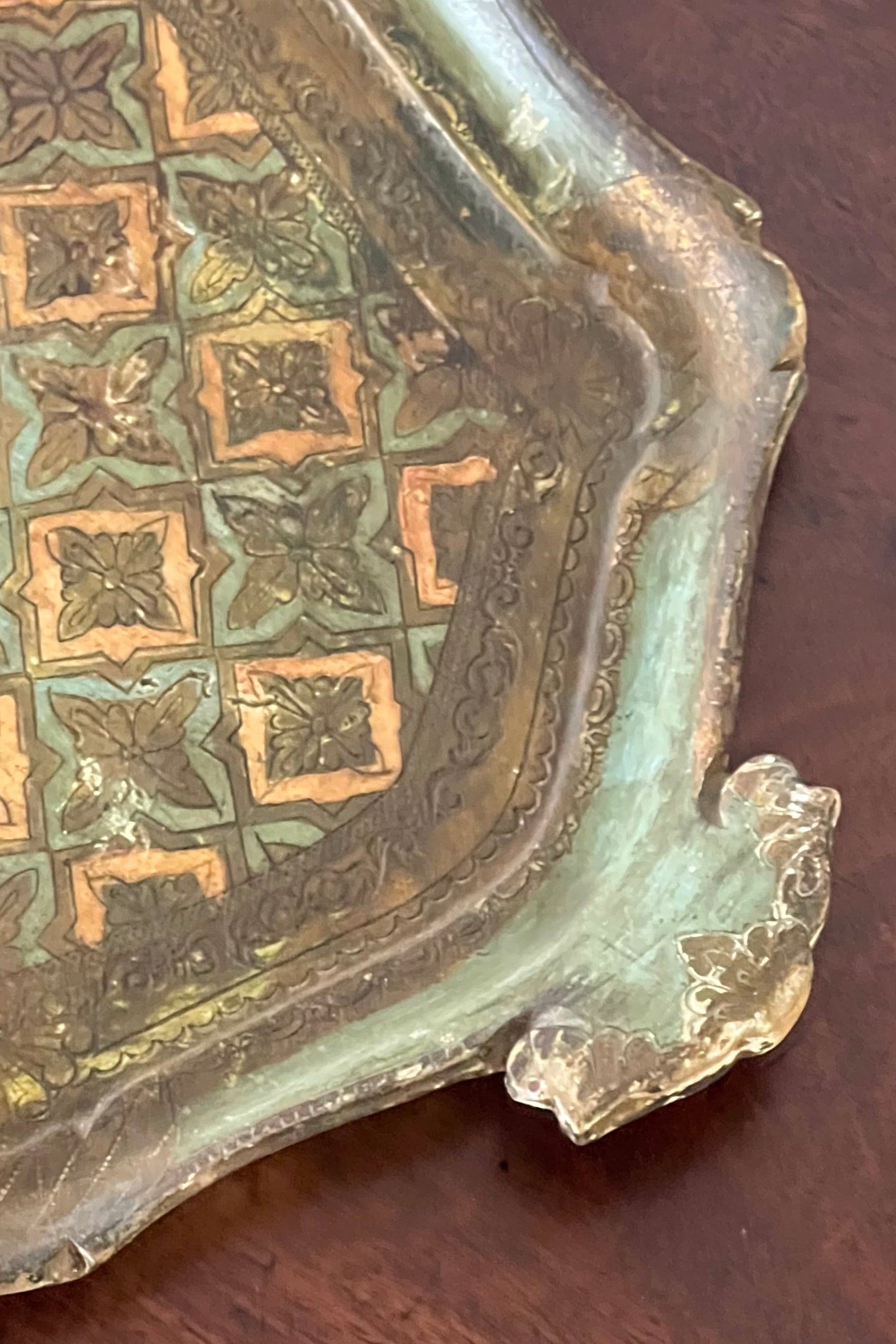 Large Florentine Tray with Green + Pale Blue Coloring