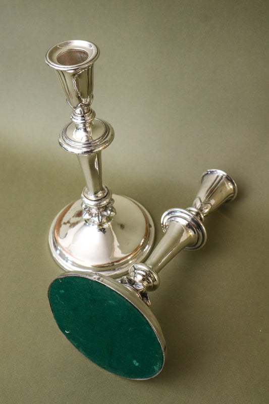 PAIR Antique English Silver Plate on Copper Candlesticks