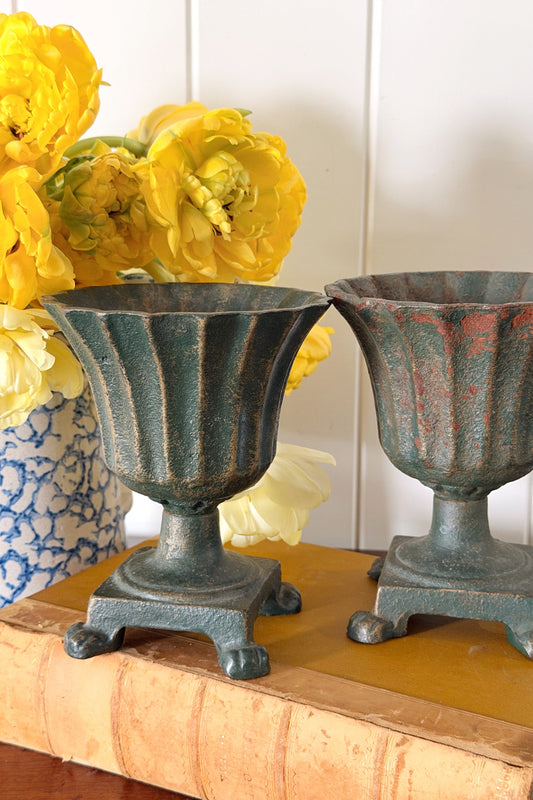 PAIR Antique French Petite Cast Iron Fluted Urns