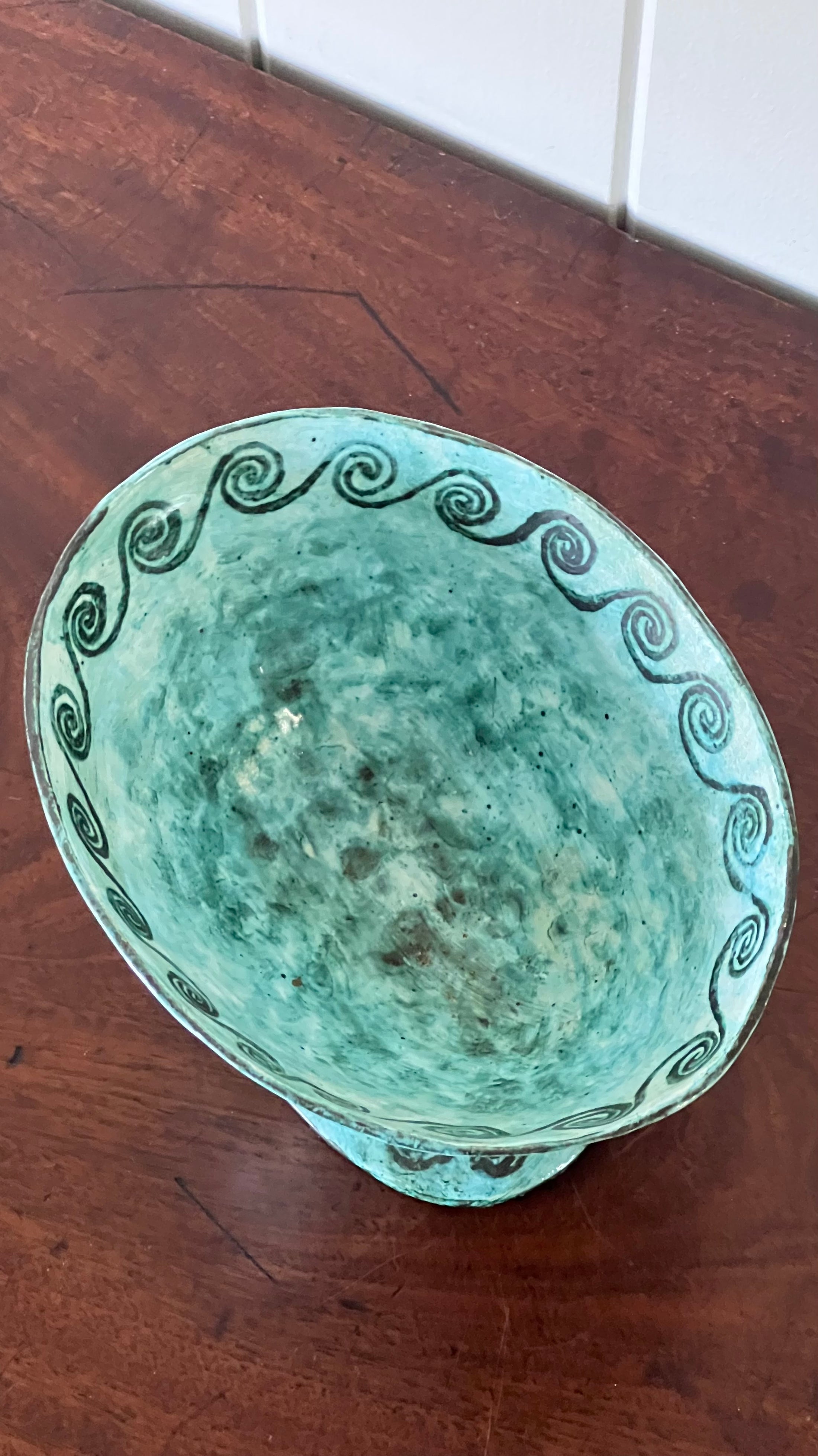 19th Century Handmade Compote in Stunning Aqua Blue with Wave Motif