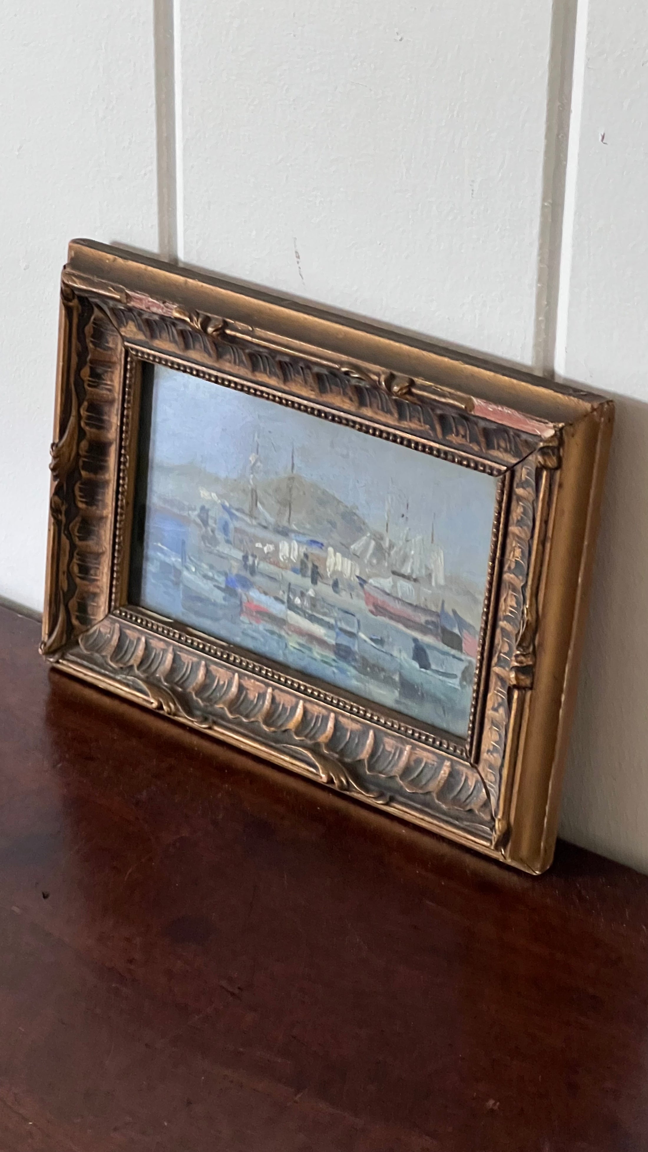Antique French Oil on Board of Boats in Harbor