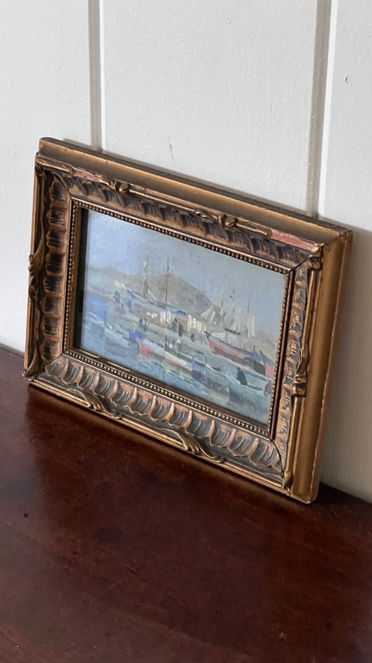 Antique French Oil on Board of Boats in Harbor