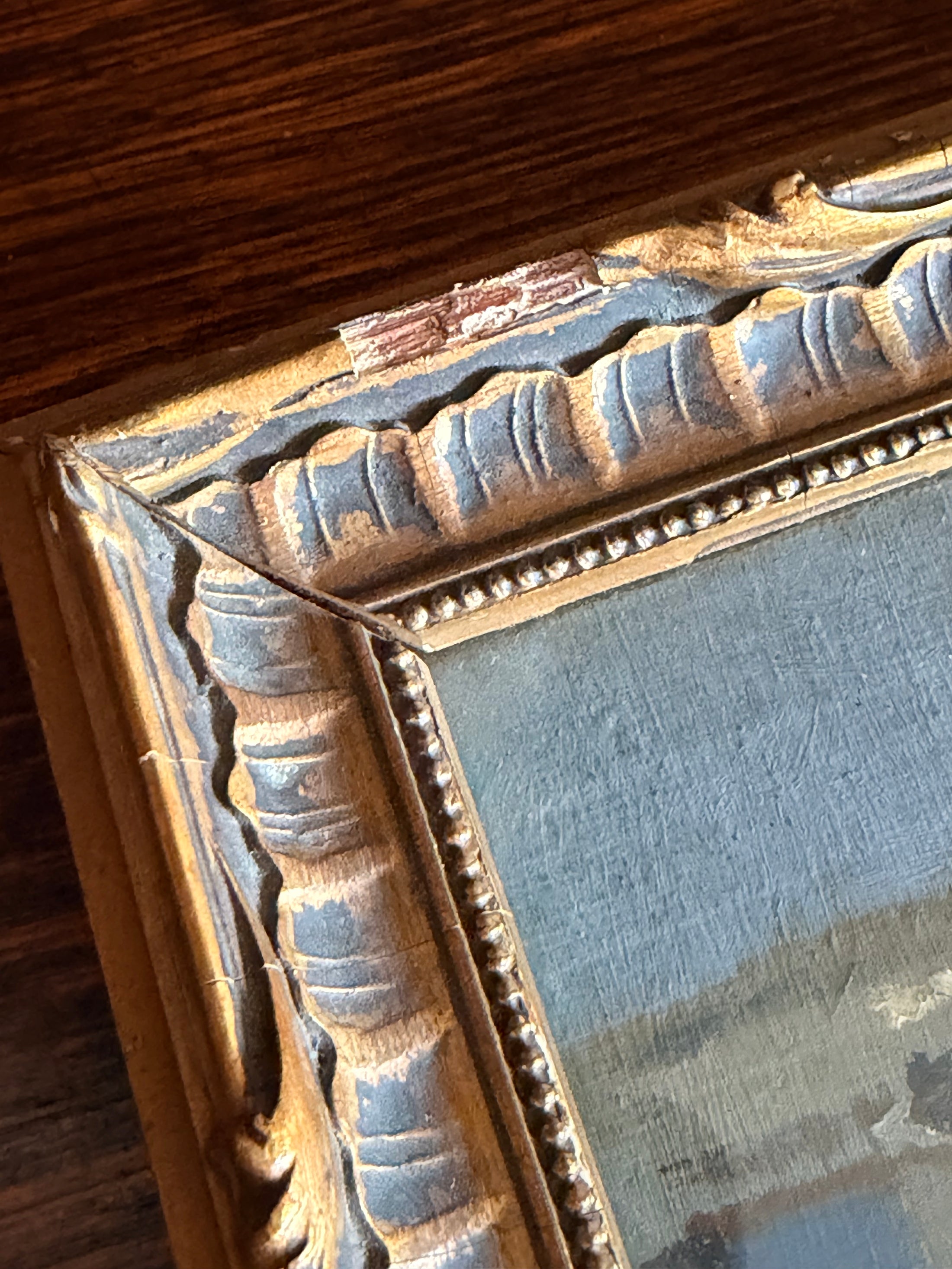 Antique French Oil on Board of Boats in Harbor