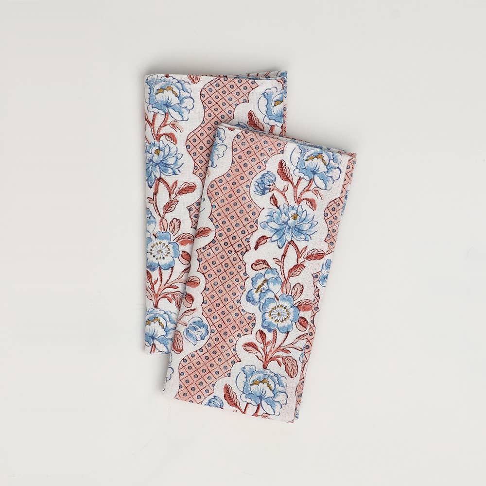 SET OF 4 | Pink, Red + Blue Blooming Trellis Block Print Napkins
