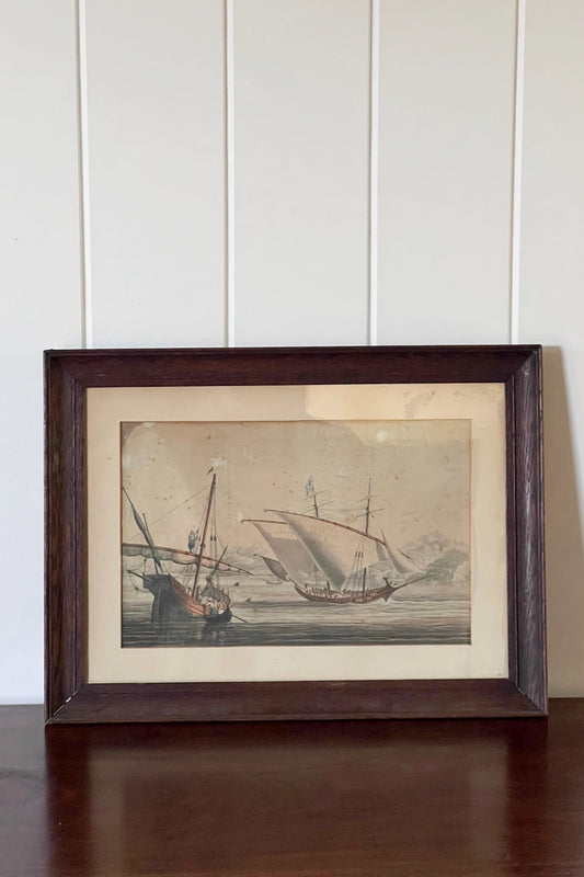 19th Century Hand Colored Engraving, ‘Greek Felucca Privateer’