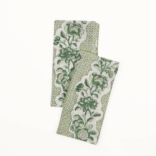SET OF 4 | Green Blooming Trellis Block Print Napkins