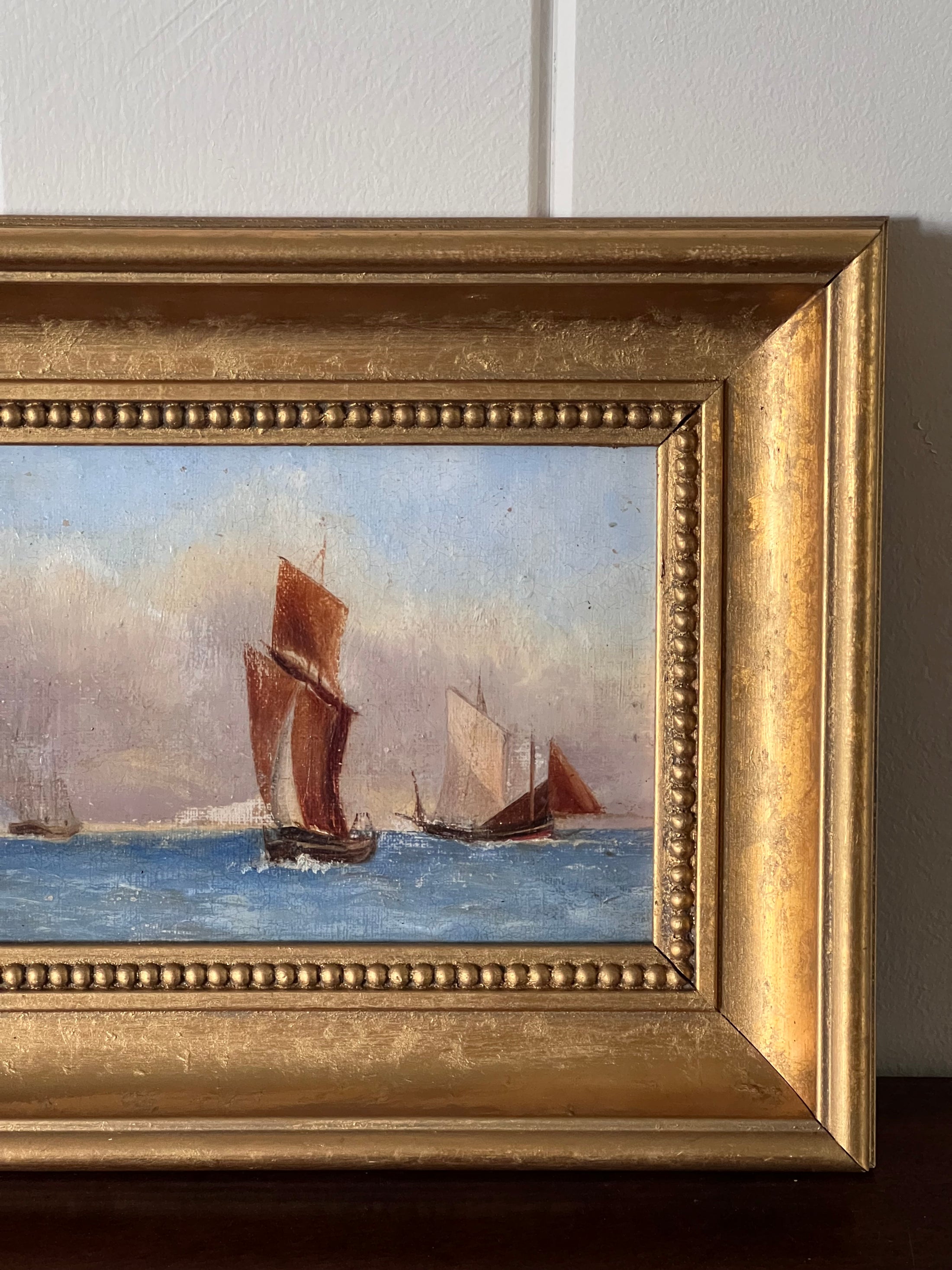 19th Century Ships with Red Sails Oil on Board